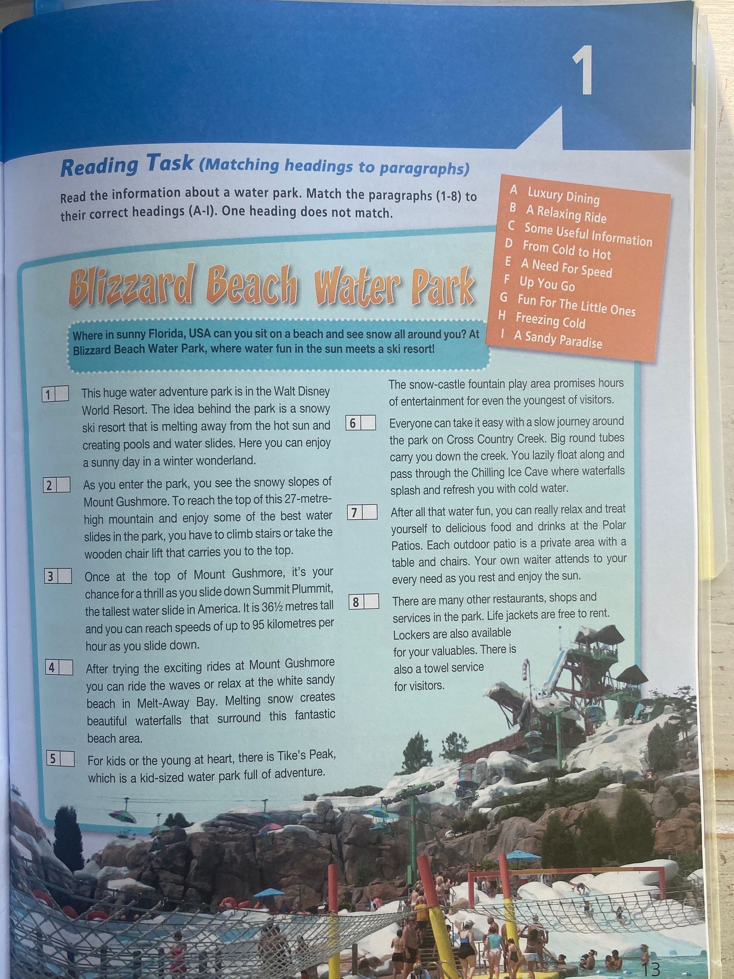 Фото задания: Reading Task (Matching headings to paragraphs). Read the information about a water park. Match the paragraphs (1–8) to…