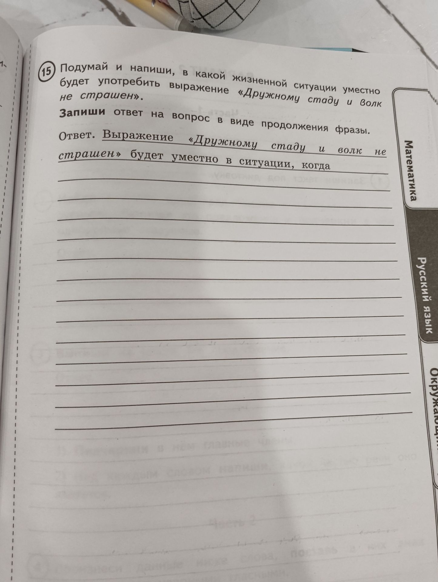 Фото задания: 15. Подумай и напиши, в какой жизненной ситуации уместно употребить выражение «Дружному стаду и волк не страшен». Запиши…