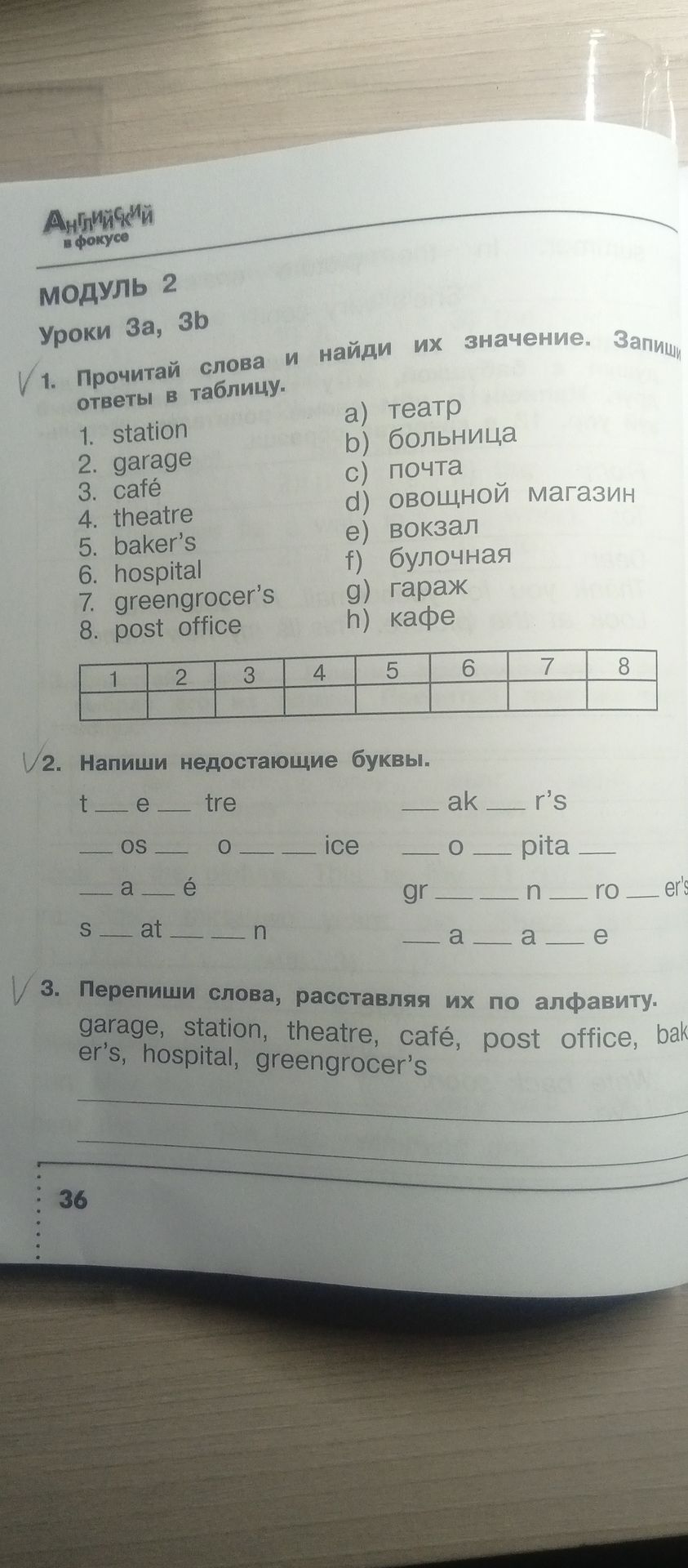 Фото задания: 1. Read the words and find their meanings. Write the answers in the table. 1. station; 2. garage; 3. café; 4. theatre; 5.…