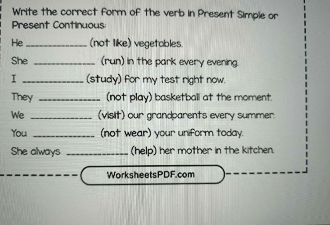 Фото задания: Write the correct form of the verb in Present Simple or Present Continuous: He ___ (not like) vegetables. She ___ (run) in…