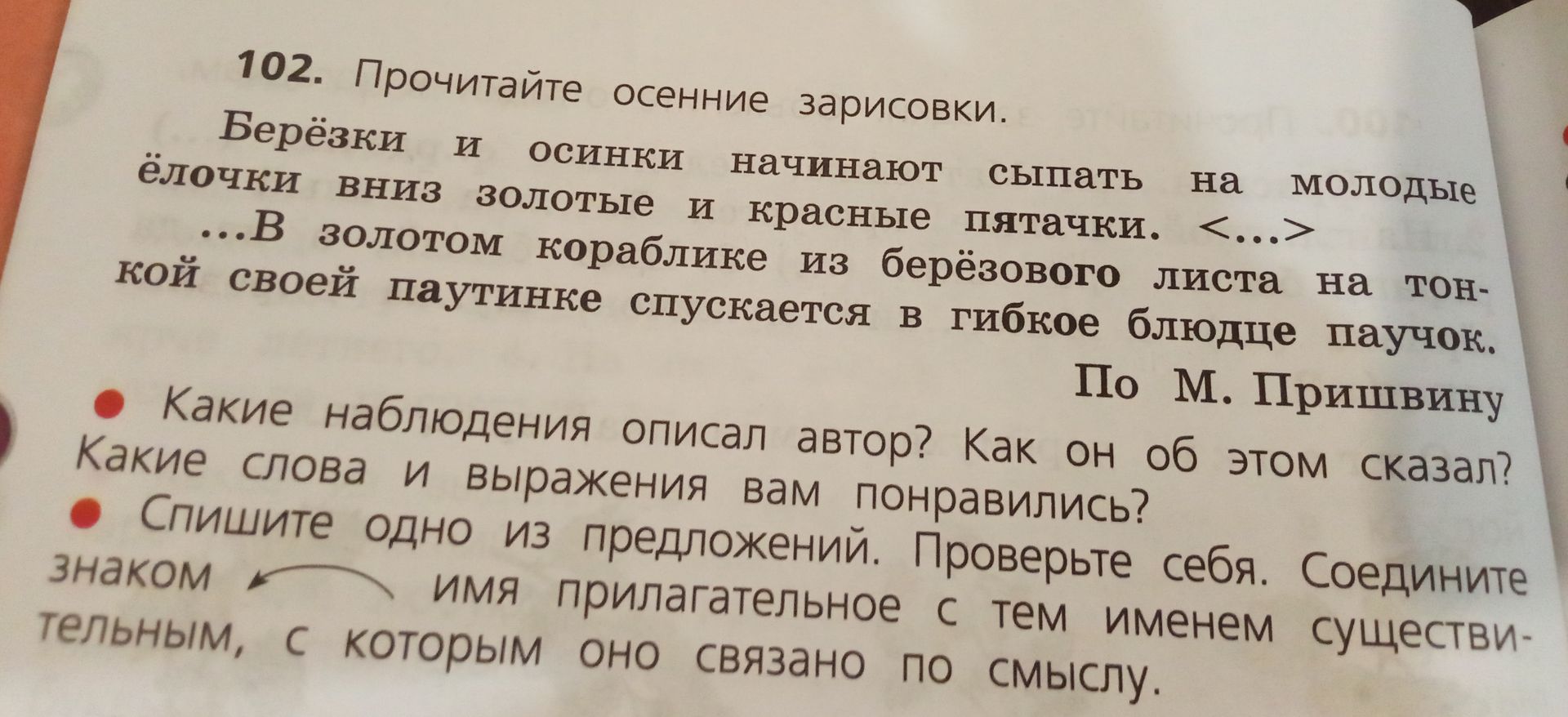 Фото задания: 102. Прочитайте осенние зарисовки. Берёзки и осинки начинают сыпать на молодые ёлочки вниз золотые и красные пятачки. <…>…