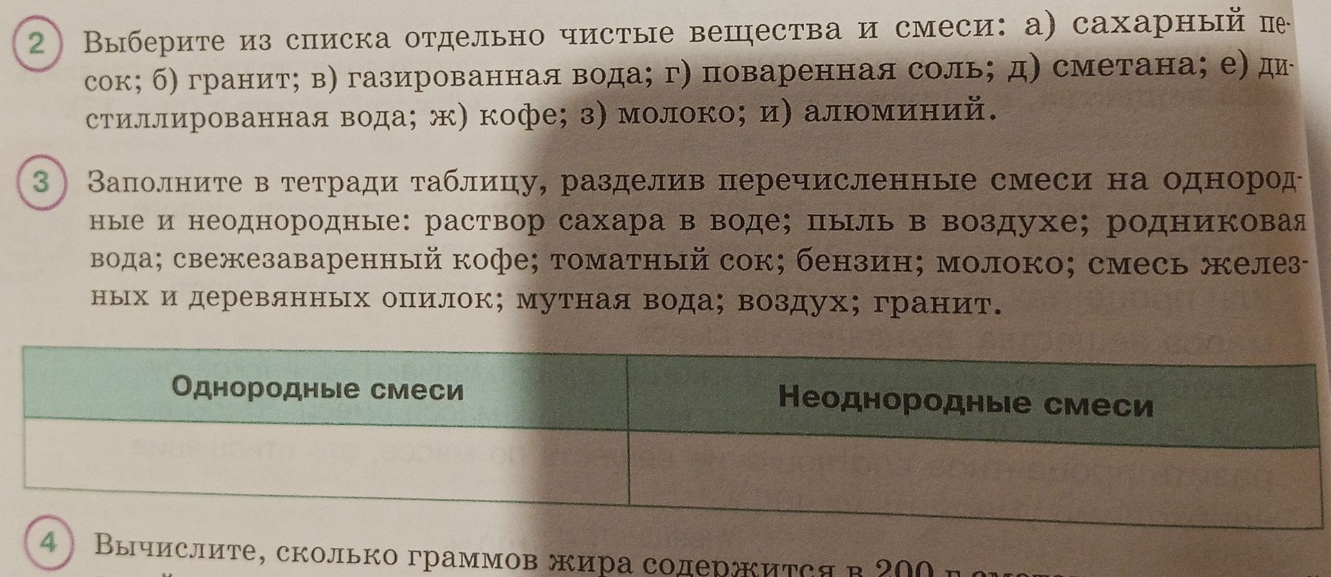 Фото задания: 2. Выберите из списка отдельно чистые вещества и смеси: а) сахарный песок; б) гранит; в) газированная вода; г) поваренная…