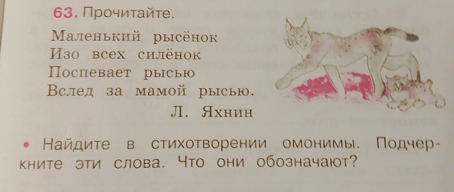 Фото задания: 63. Прочитайте. «Маленький рысёнок / Изо всех силёнок / Поспевает рысью / Вслед за мамой рысью». Л. Яхнин. Найдите в…