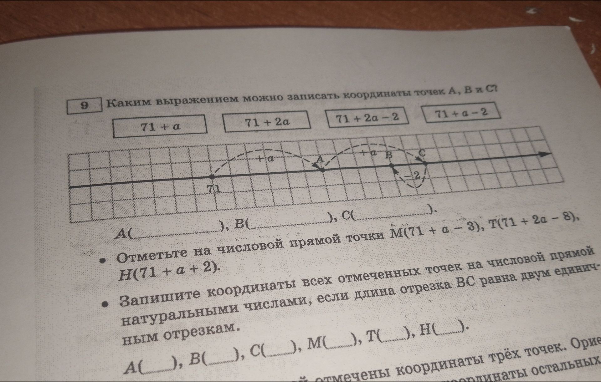 Фото задания: 9. Каким выражением можно записать координаты точек A, B и C? Отметьте на числовой прямой точки M(71 + a − 3), T(71 + 2a −…
