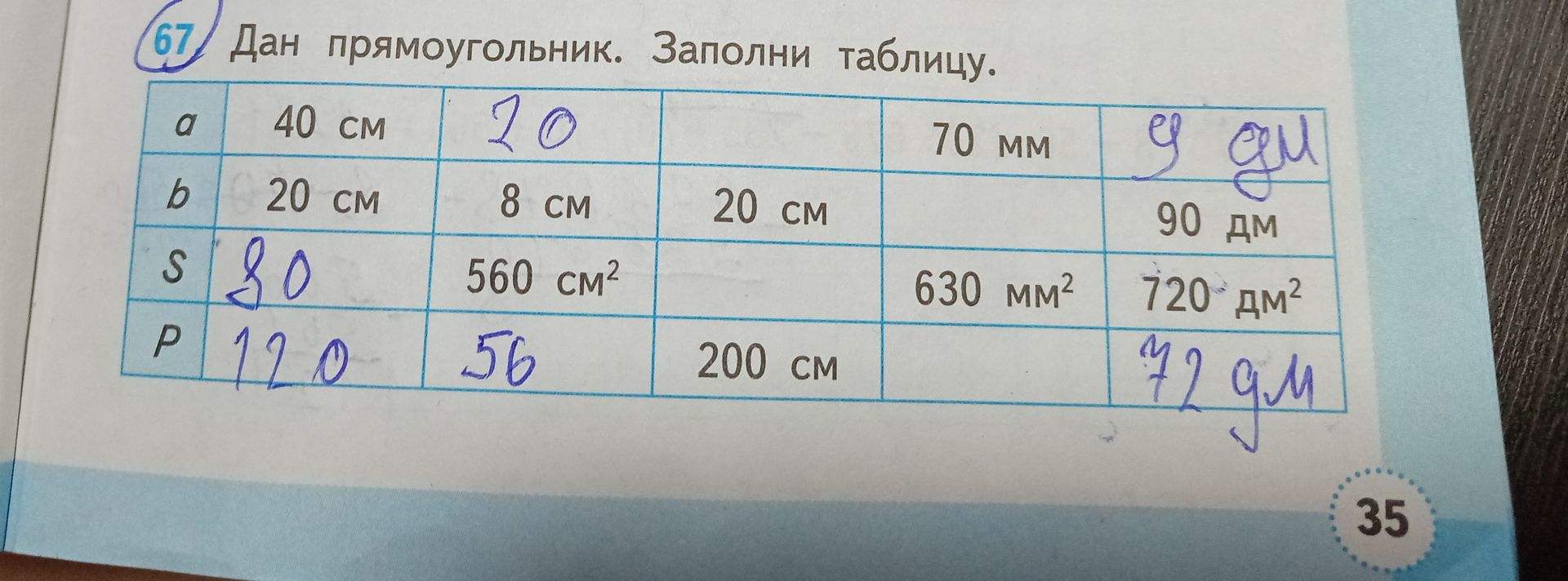 Фото задания: 67. Дан прямоугольник. Заполни таблицу.