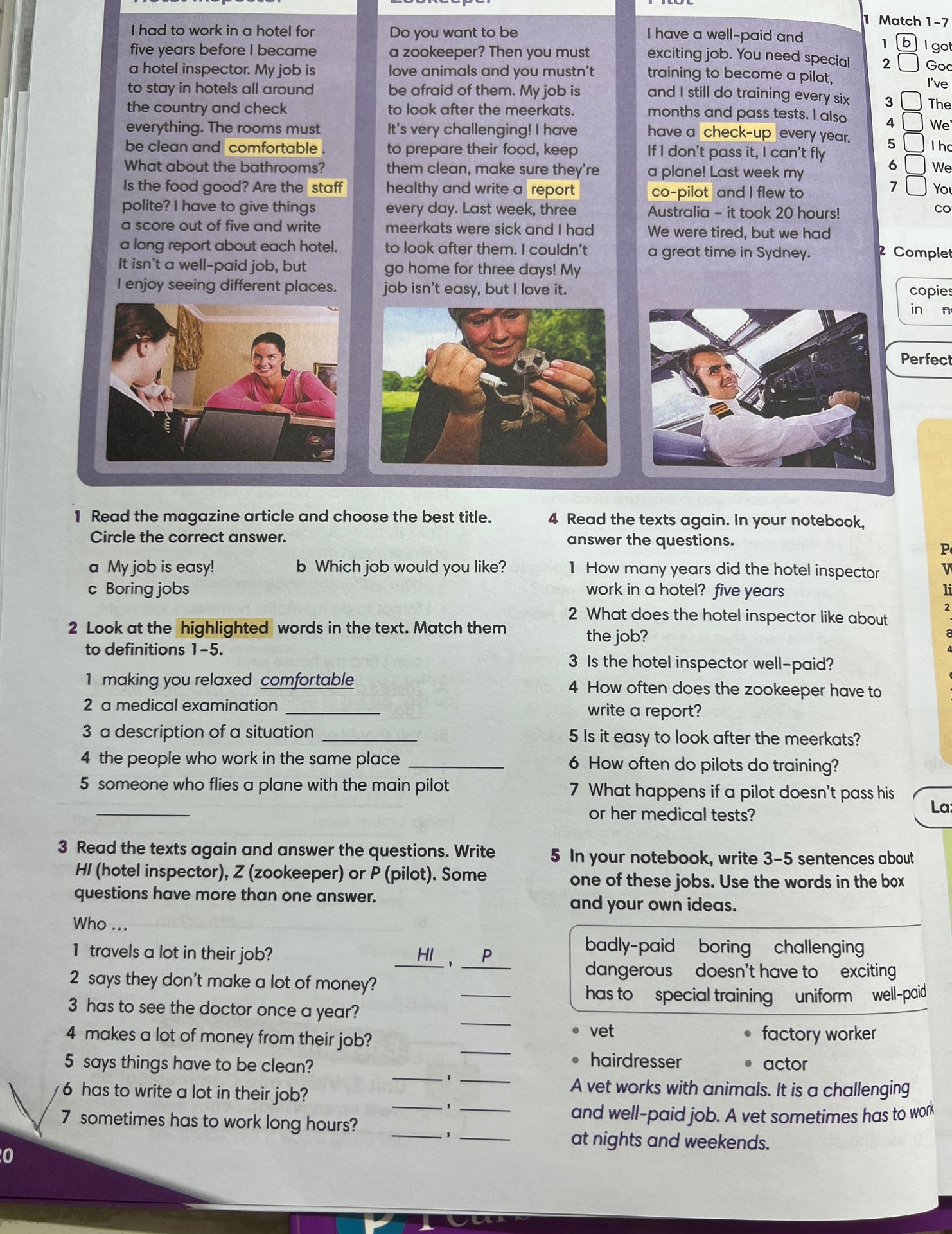 Фото задания: 3 Read the texts again and answer the questions. Write HI (hotel inspector), Z (zookeeper) or P (pilot). Some questions…