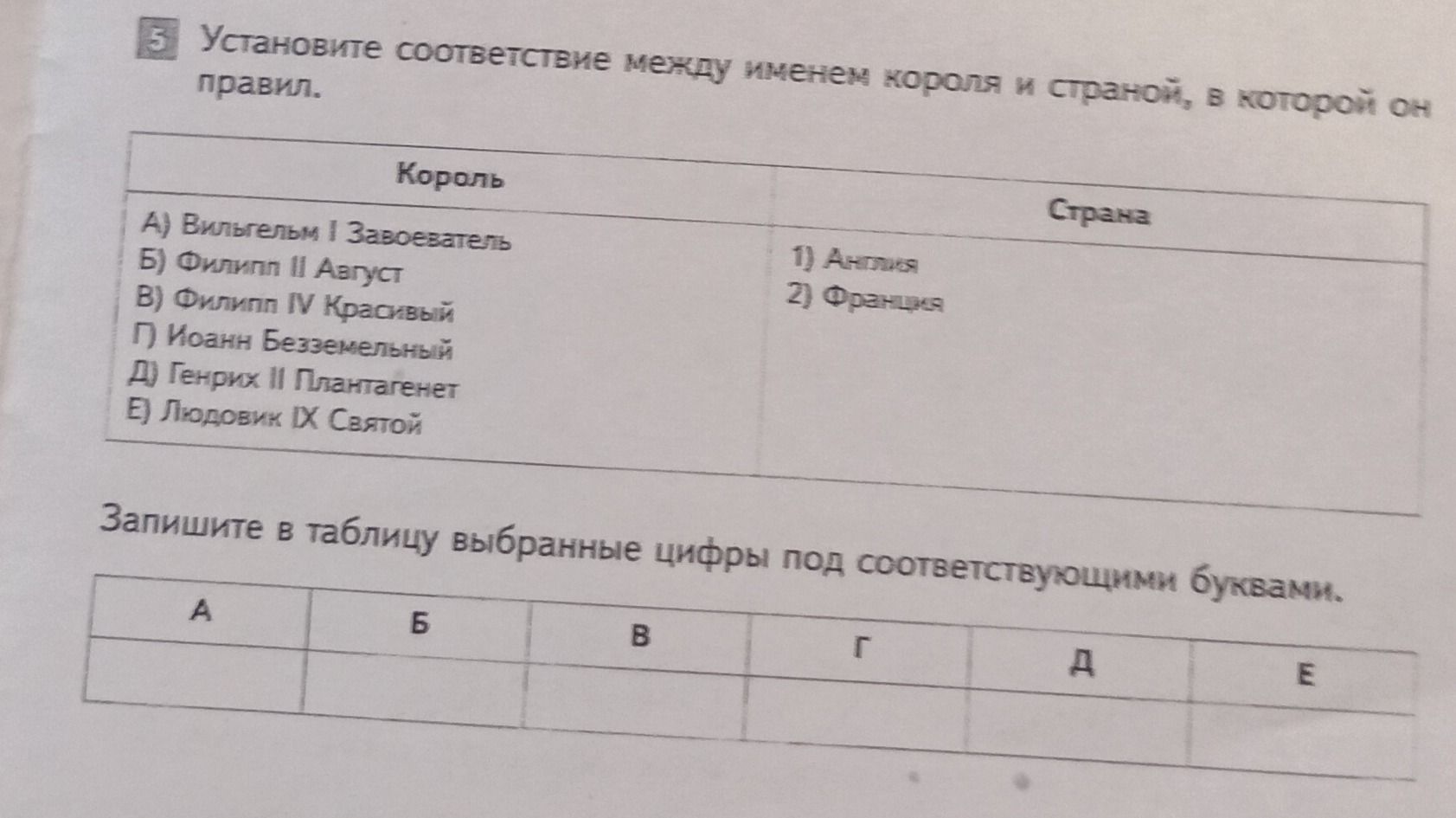 Фото задания: 5. Установите соответствие между именем короля и страной, в которой он правил. Короли: А) Вильгельм I Завоеватель; Б)…