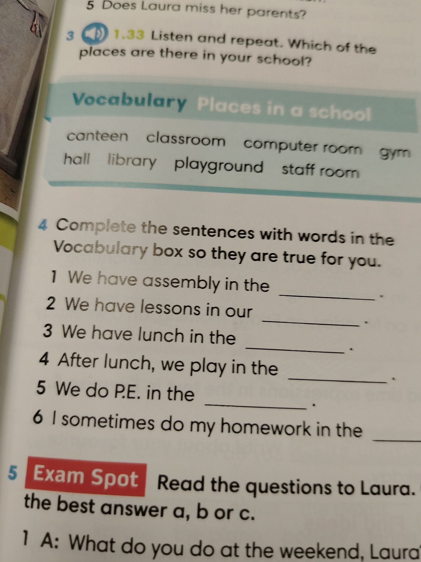 Фото задания: 3. Listen and repeat. Which of the places are there in your school? Vocabulary: canteen, classroom, computer room, gym, hall,…