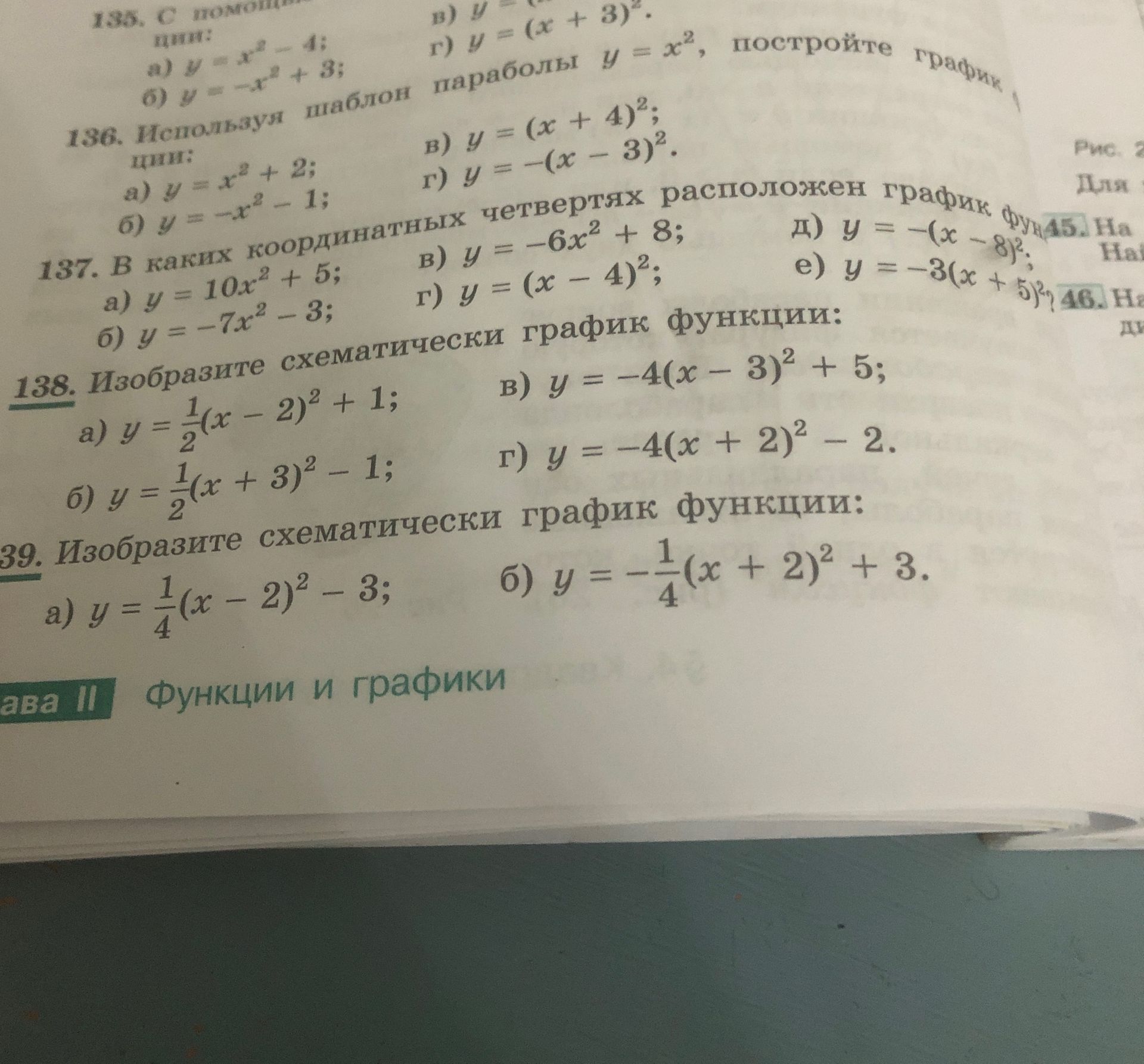 Фото задания: 139. Изобразите схематически график функции: а) \(y=\frac14(x-2)^2-3\); б) \(y=-\frac14(x+2)^2+3\).