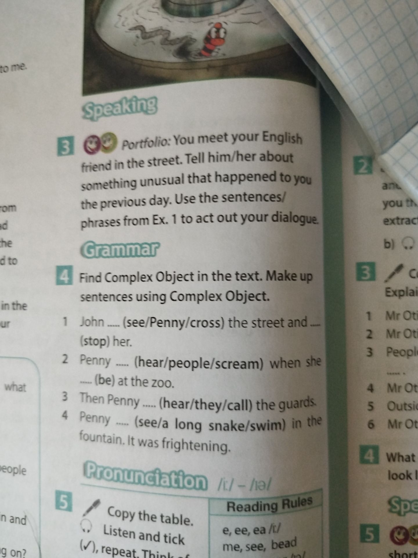 Фото задания: Find Complex Object in the text. Make up sentences using Complex Object. 1 John ..... (see/Penny/cross) the street and…