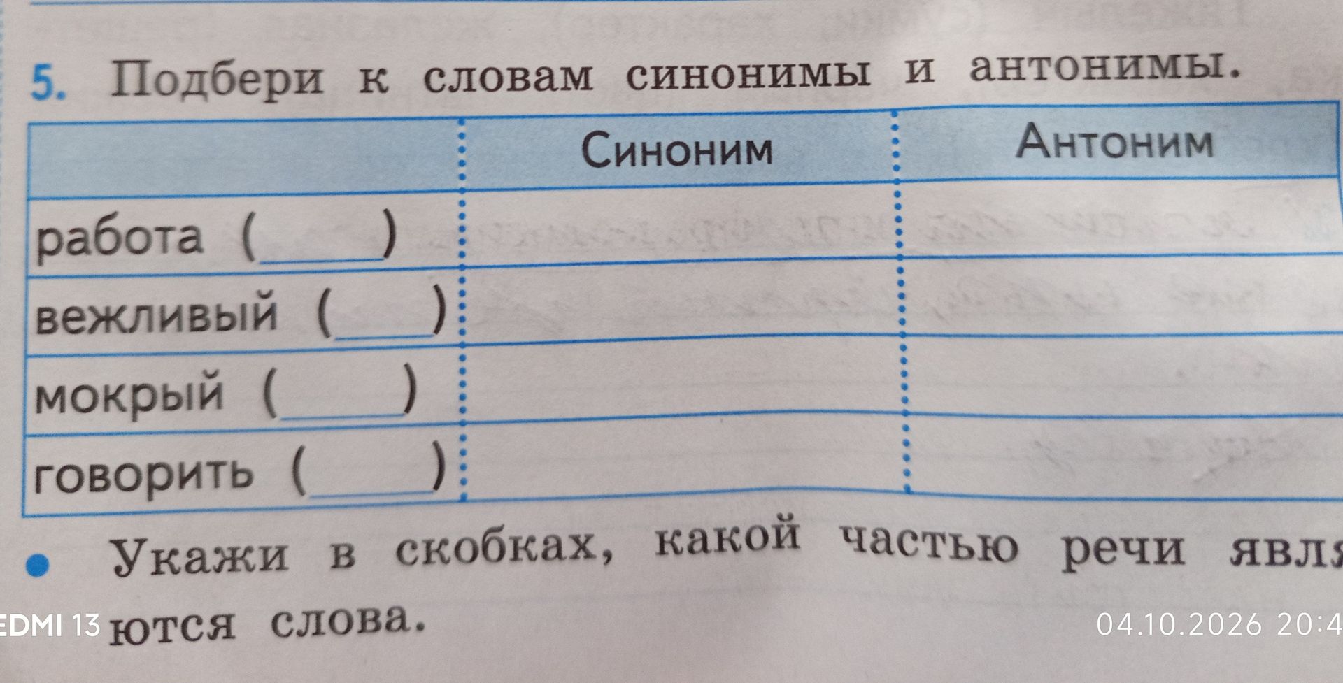 Фото задания: 5. Подбери к словам синонимы и антонимы. Укажи в скобках, какой частью речи являются слова: работа, вежливый, мокрый,…