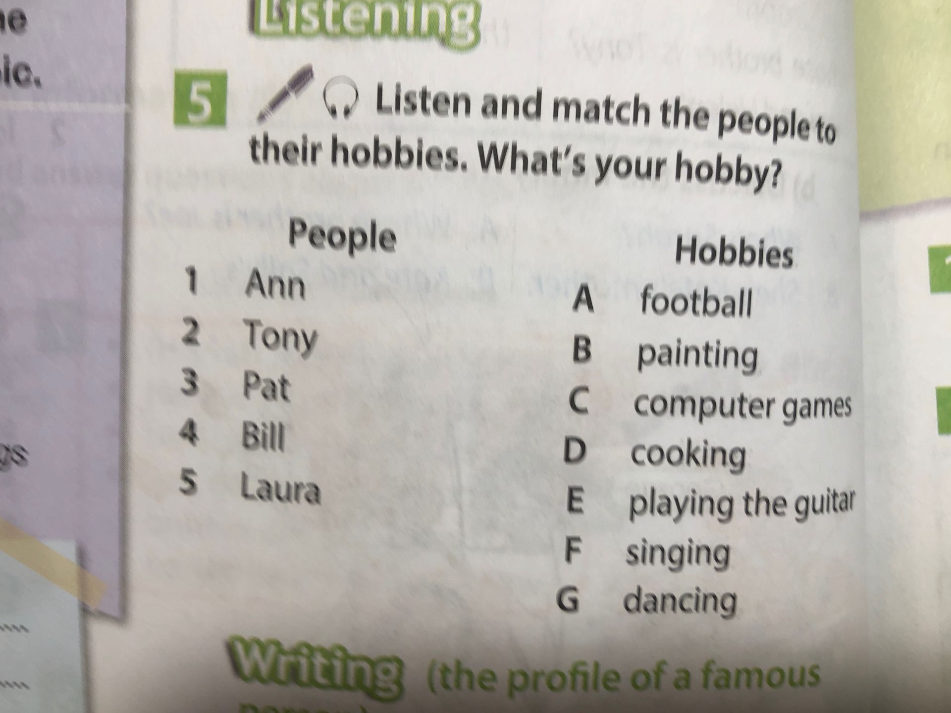 Фото задания: 5. Listen and match the people to their hobbies. What’s your hobby? People: 1 Ann, 2 Tony, 3 Pat, 4 Bill, 5 Laura. Hobbies: A…