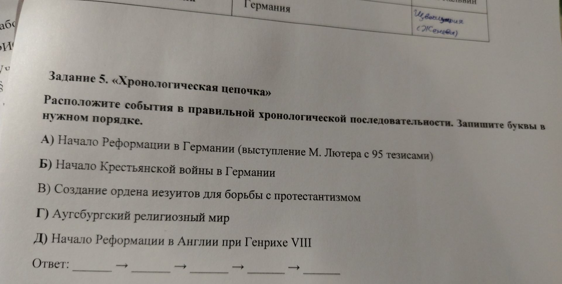 Фото задания: Задание 5. «Хронологическая цепочка». Расположите события в правильной хронологической последовательности. Запишите буквы в…