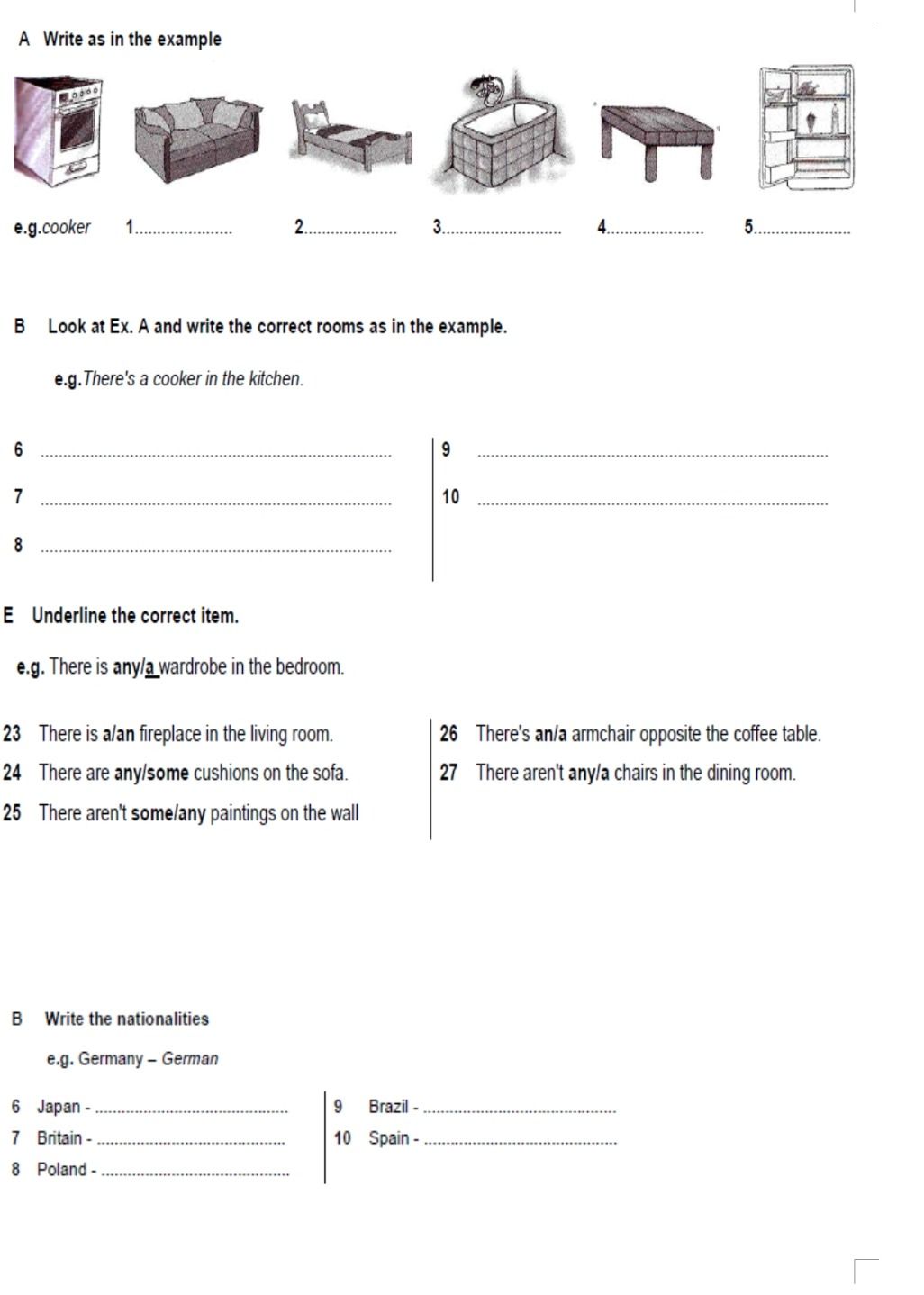 Фото задания: A. Write as in the example. e.g. cooker; 1. sofa; 2. bed; 3. bath; 4. table; 5. fridge.
