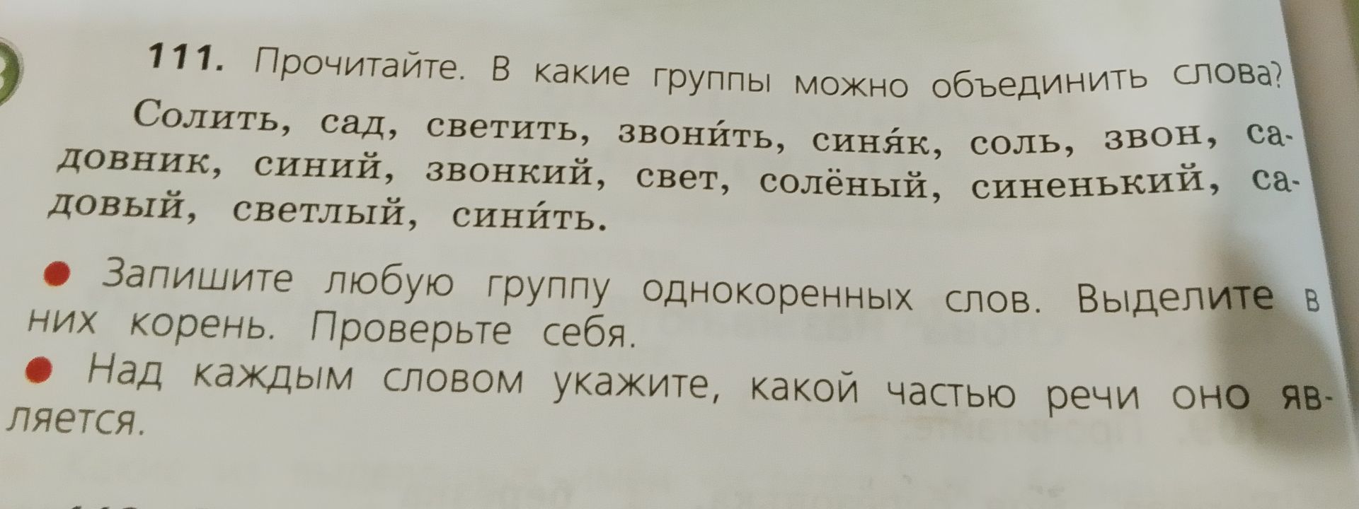 Фото задания: 111. Прочитайте. В какие группы можно объединить слова? Солить, сад, светить, звонить, синяк, соль, звон, садовник, синий,…