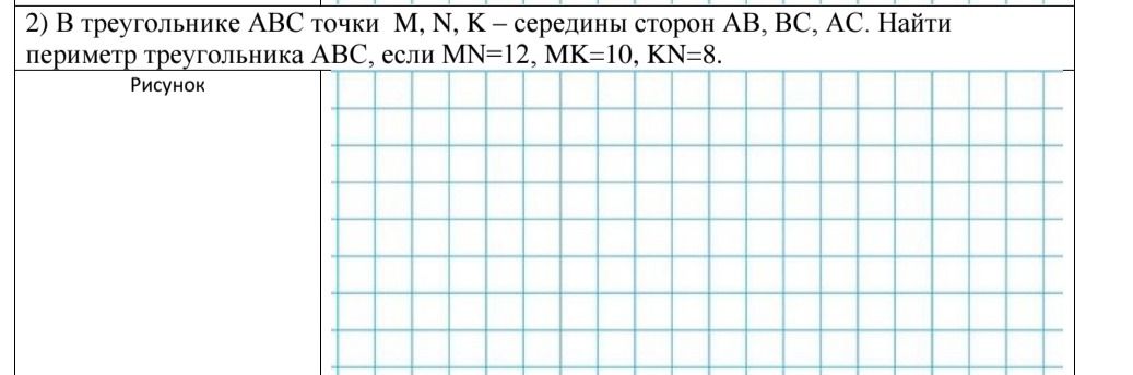 Фото задания: 2) В треугольнике ABC точки M, N, K — середины сторон AB, BC, AC. Найти периметр треугольника ABC, если MN=12, MK=10, KN=8.