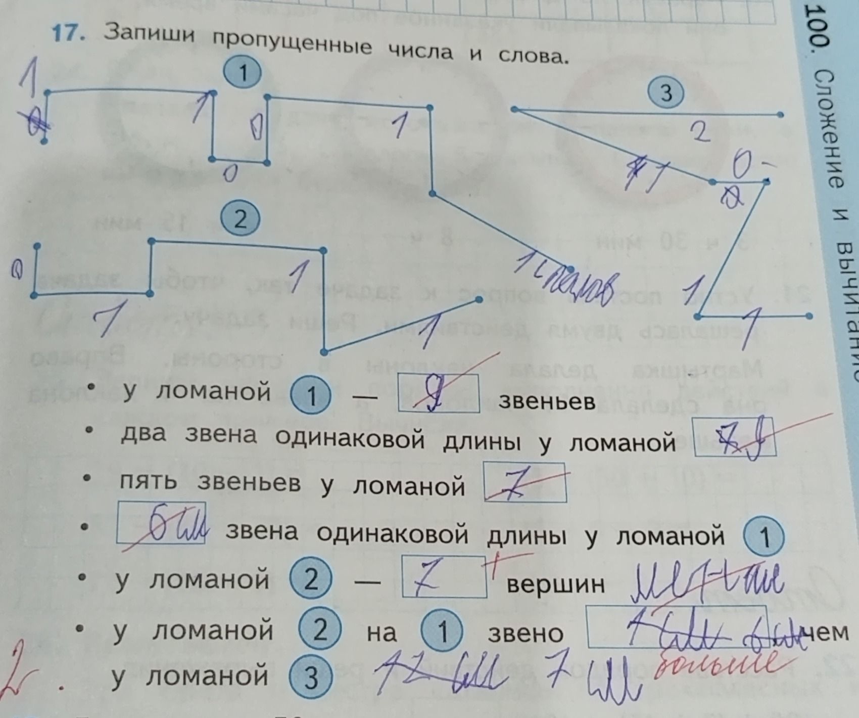 Фото задания: 17. Запиши пропущенные числа и слова. У ломаной 1 — ___ звеньев. Два звена одинаковой длины у ломаной ___. Пять звеньев у…