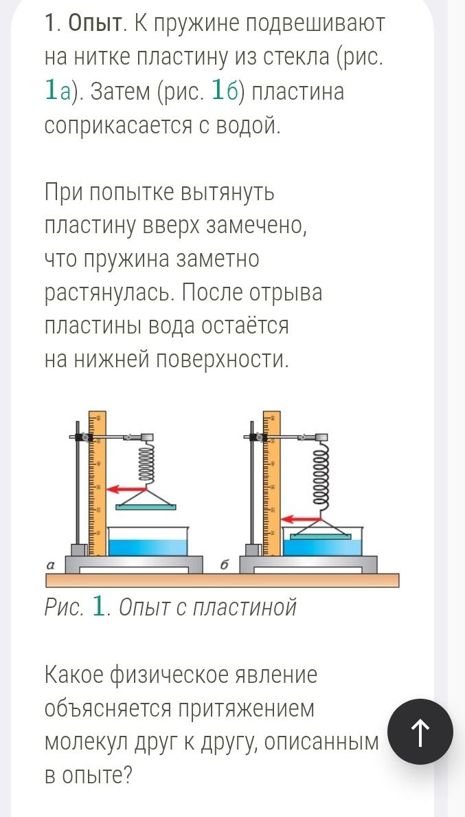Фото задания: 1. Опыт. К пружине подвешивают на нитке пластину из стекла (рис. 1а). Затем (рис. 1б) пластина соприкасается с водой. При…