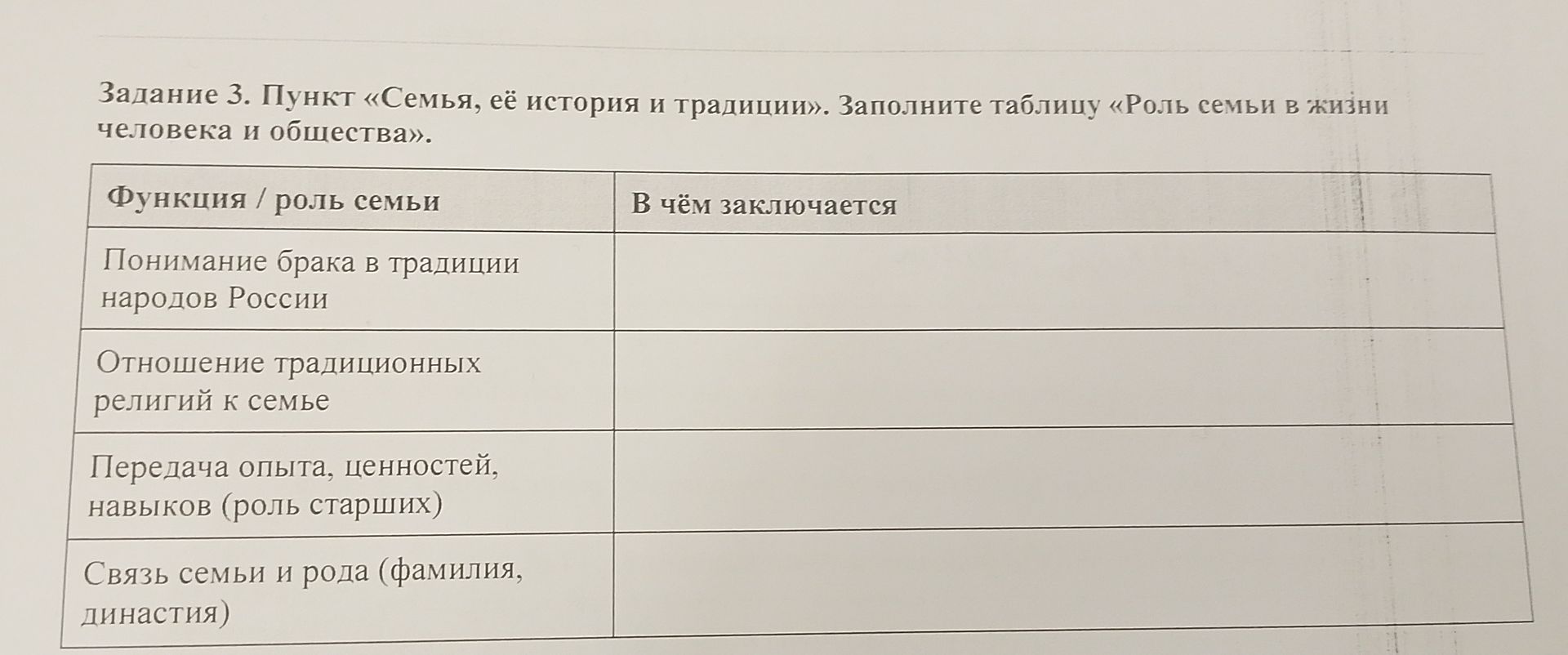 Фото задания: Задание 3. Пункт «Семья, её история и традиции». Заполните таблицу «Роль семьи в жизни человека и общества». Функция / роль…
