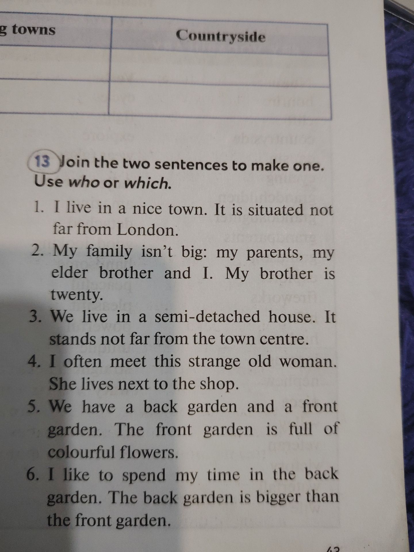 Фото задания: 13. Join the two sentences to make one. Use who or which. 1. I live in a nice town. It is situated not far from London. 2. My…
