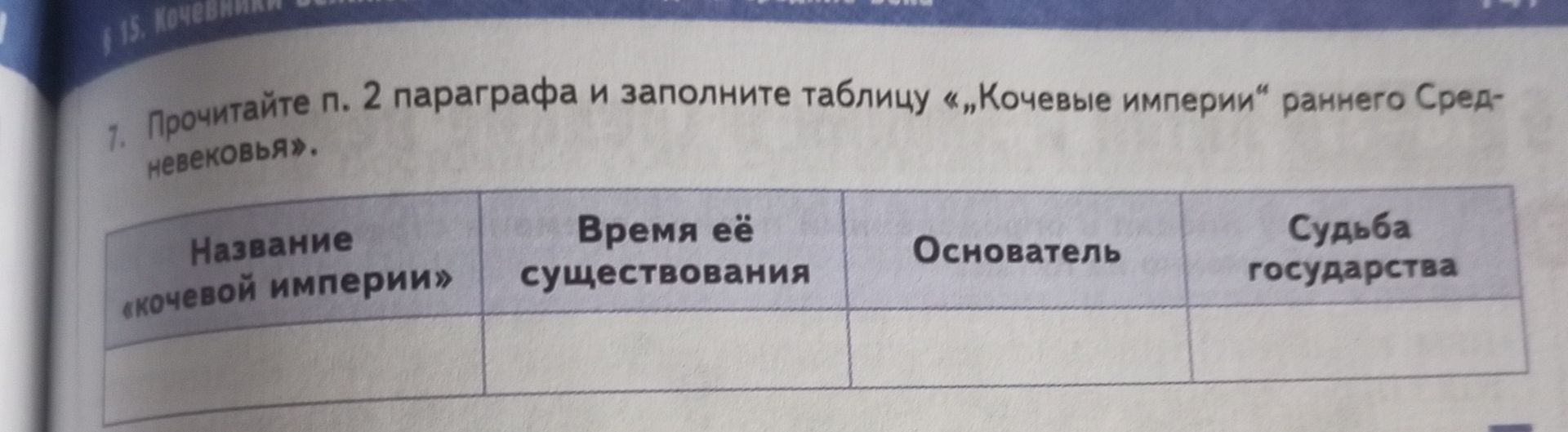 Фото задания: Прочитайте п. 2 параграфа и заполните таблицу «Кочевые империи» раннего Средневековья.
