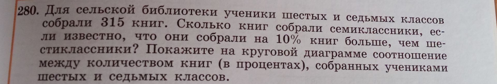 Фото задания: 280. Для сельской библиотеки ученики шестых и седьмых классов собрали 315 книг. Сколько книг собрали семиклассники, если…