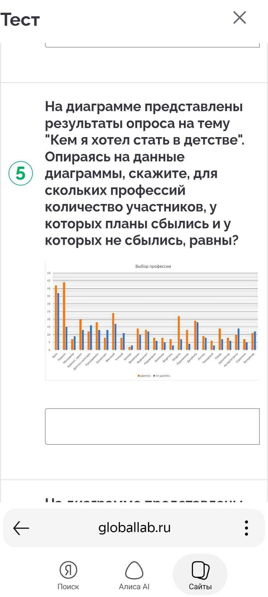 Фото задания: 5. На диаграмме представлены результаты опроса на тему «Кем я хотел стать в детстве». Опираясь на данные диаграммы,…