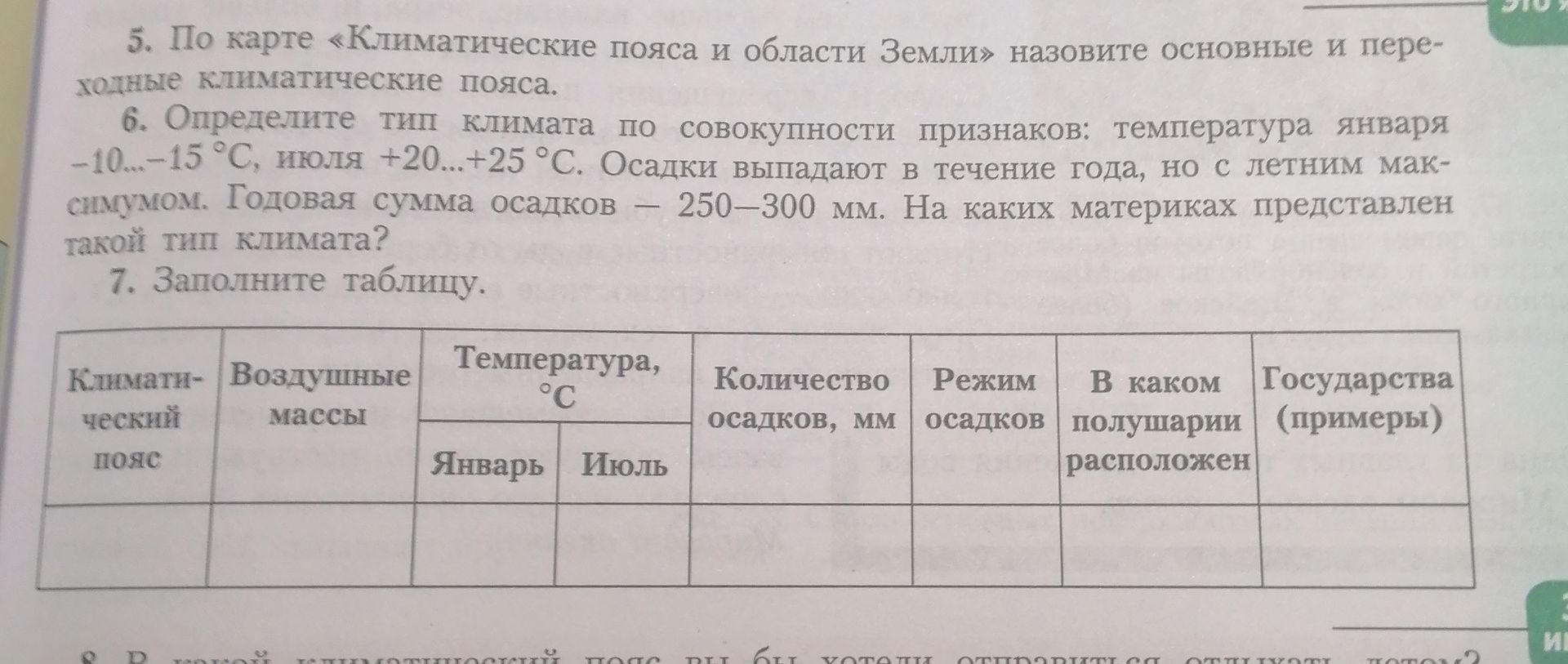 Фото задания: 7. Заполните таблицу: климатический пояс; воздушные массы; температура в январе и июле; количество осадков; режим осадков;…
