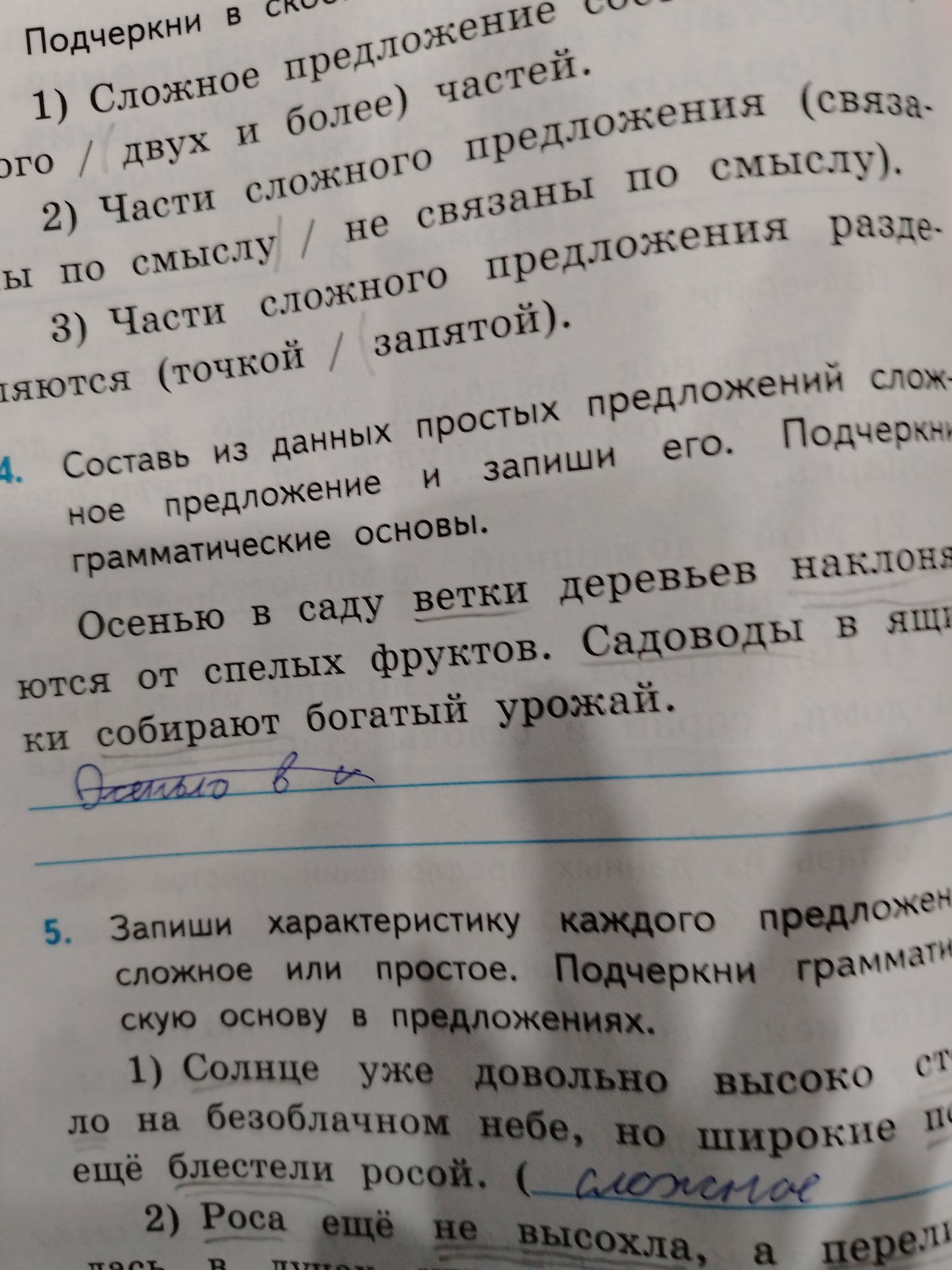 Фото задания: 5. Запиши характеристику каждого предложения: сложное или простое. Подчеркни грамматическую основу в предложениях. 1)…