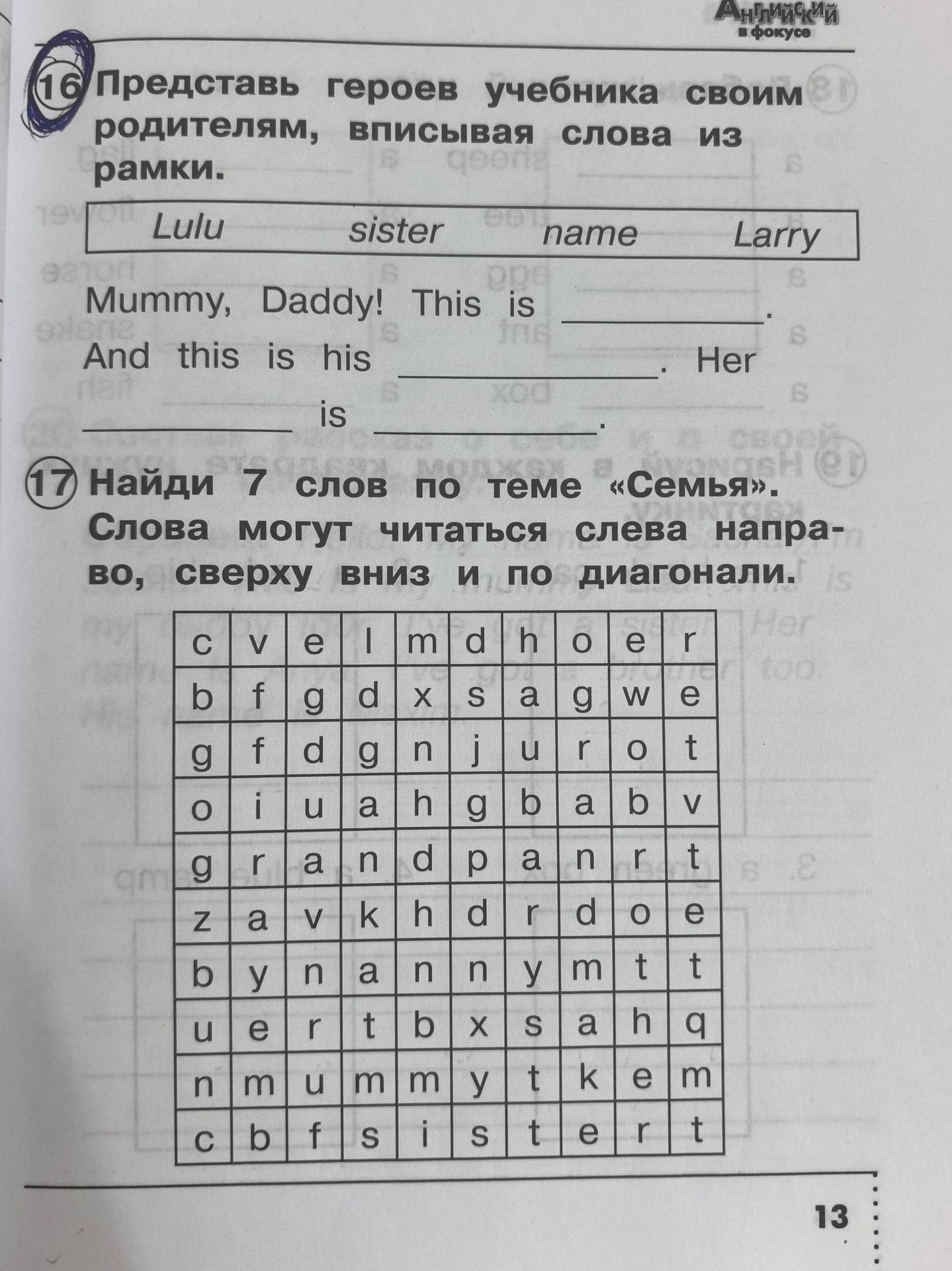 Фото задания: 17. Найди 7 слов по теме «Семья». Слова могут читаться слева направо, сверху вниз и по диагонали.