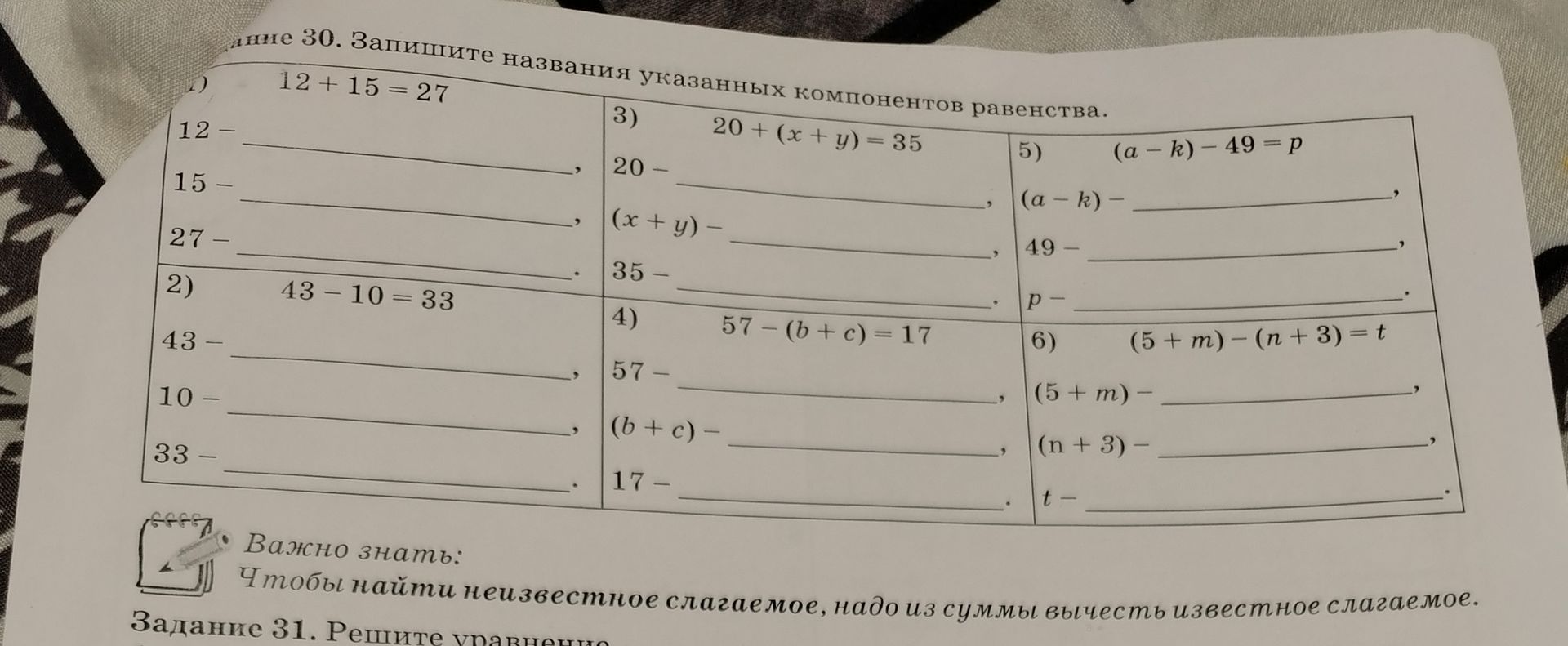 Фото задания: Задание 30. Запишите названия указанных компонентов равенства. 1) 12 + 15 = 27: 12 — ___, 15 — ___, 27 — ___. 2) 43 − 10 =…