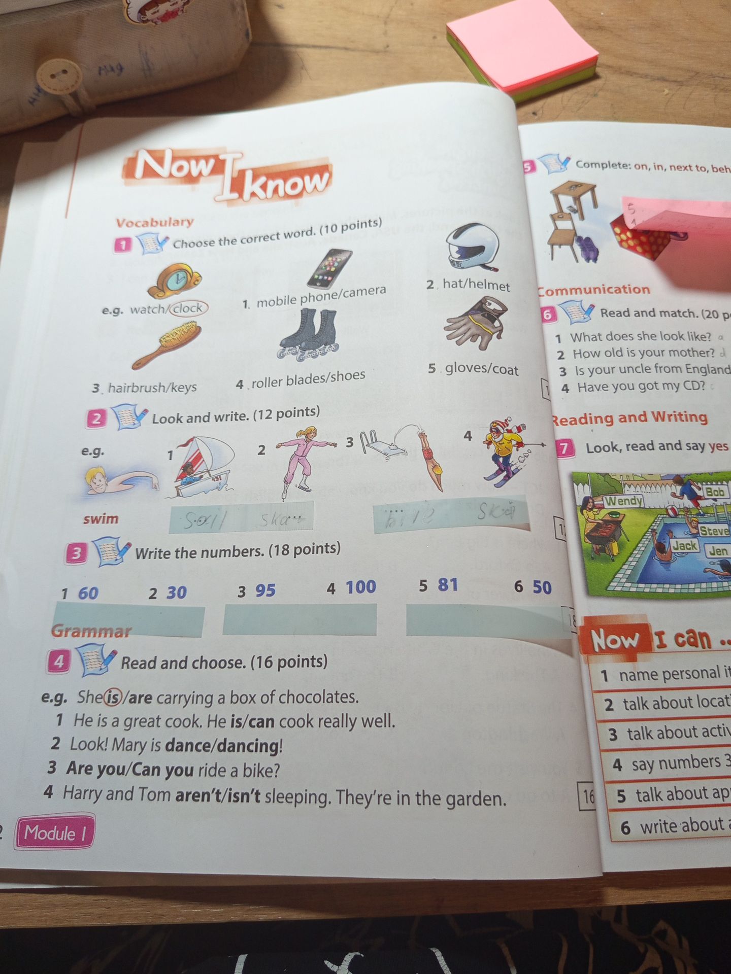 Фото задания: 2. Look and write. (12 points) e.g. swim; 1–4 — действия, изображённые на картинках.