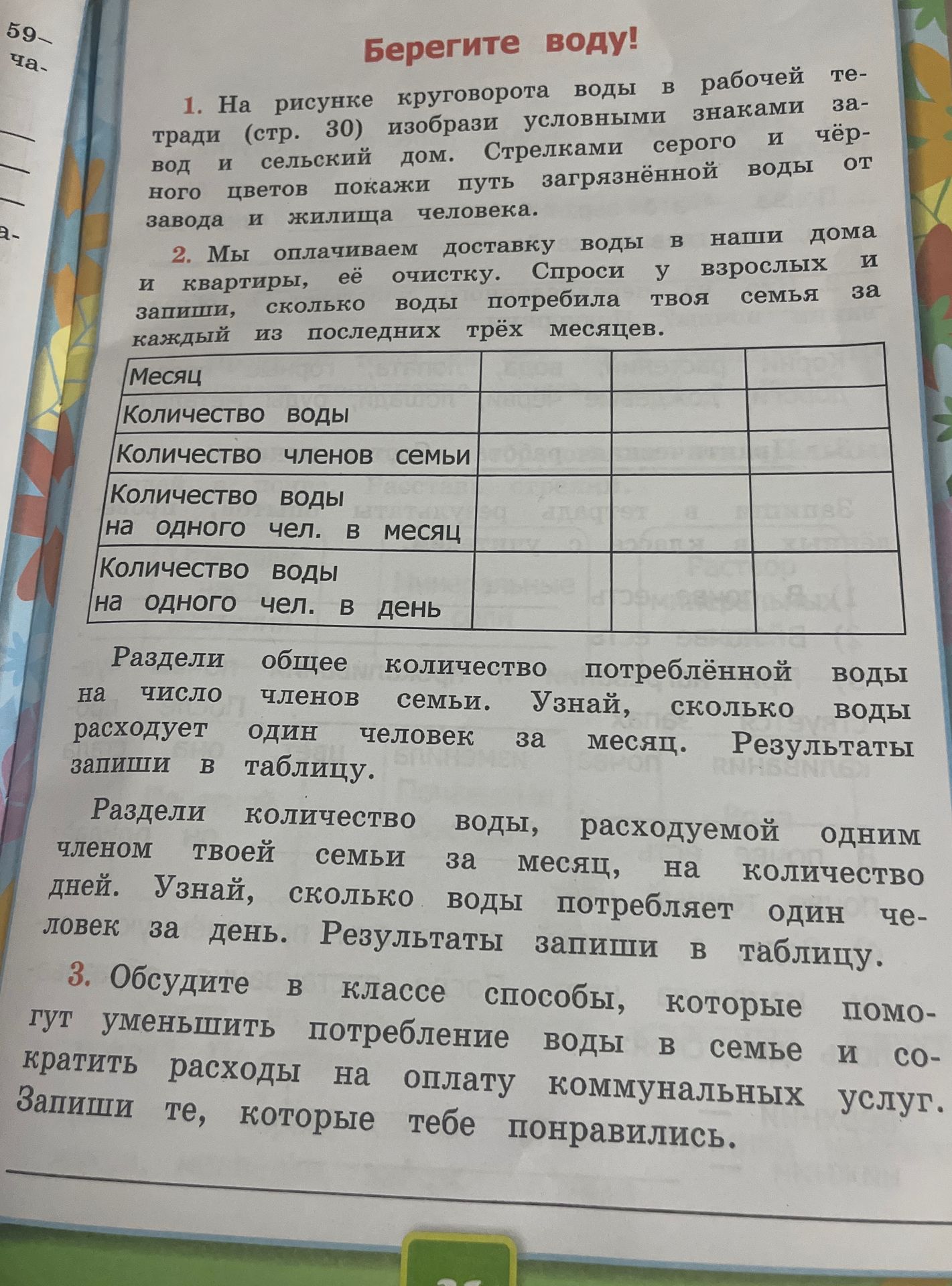 Фото задания: 1. На рисунке круговорота воды в рабочей тетради (стр. 30) изобрази условными знаками завод и сельский дом. Стрелками…