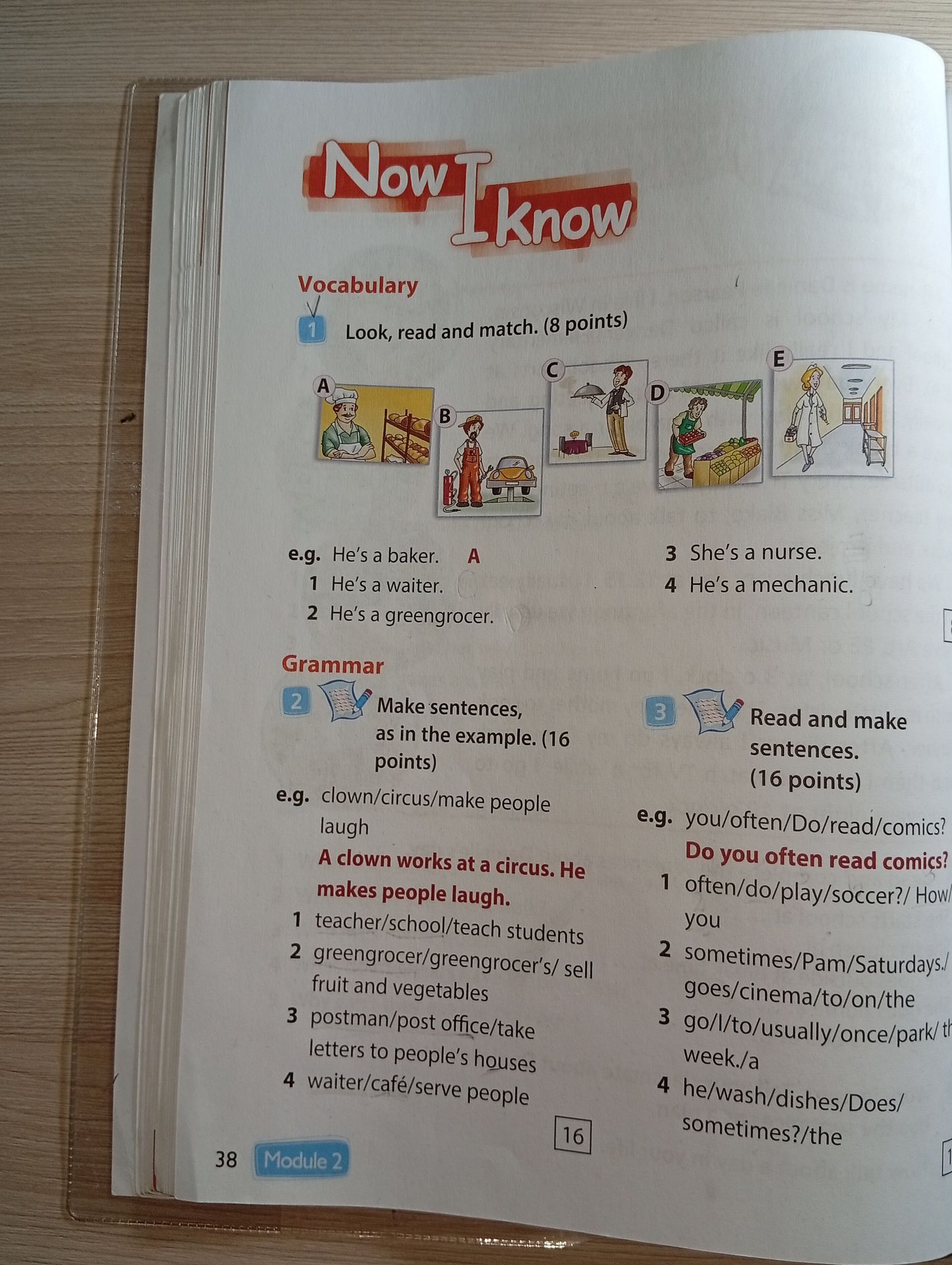 Фото задания: 1. Look, read and match. (8 points) e.g. He’s a baker. A 1 He’s a waiter. 2 He’s a greengrocer. 3 She’s a nurse. 4 He’s a…