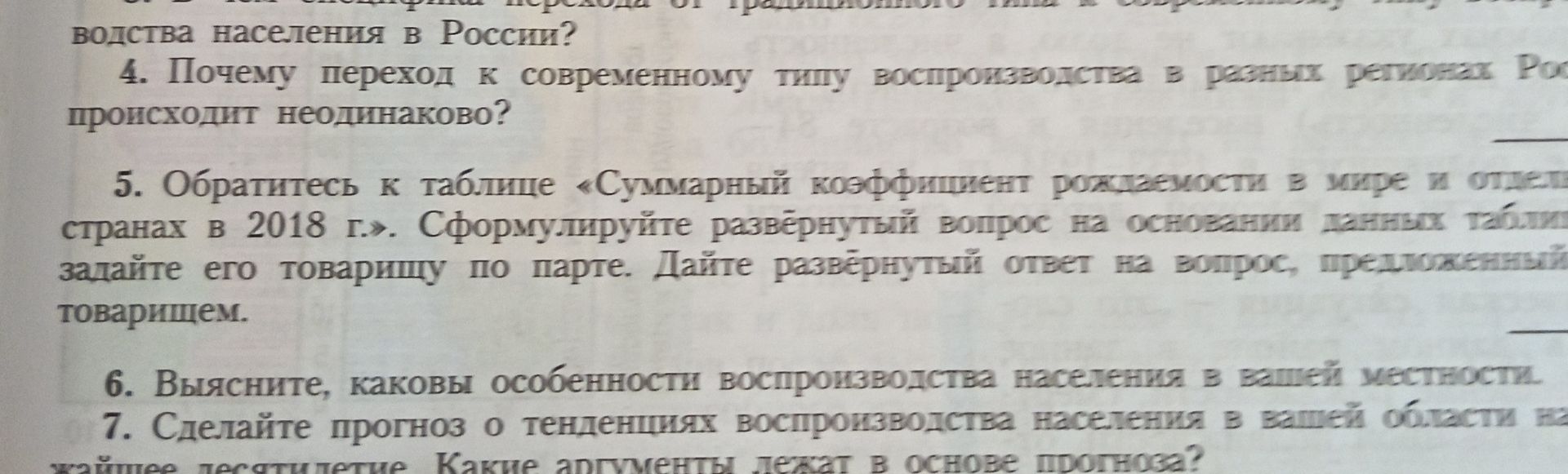 Фото задания: 5. Обратитесь к таблице «Суммарный коэффициент рождаемости в мире и отдельных странах в 2018 г.». Сформулируйте развёрнутый…