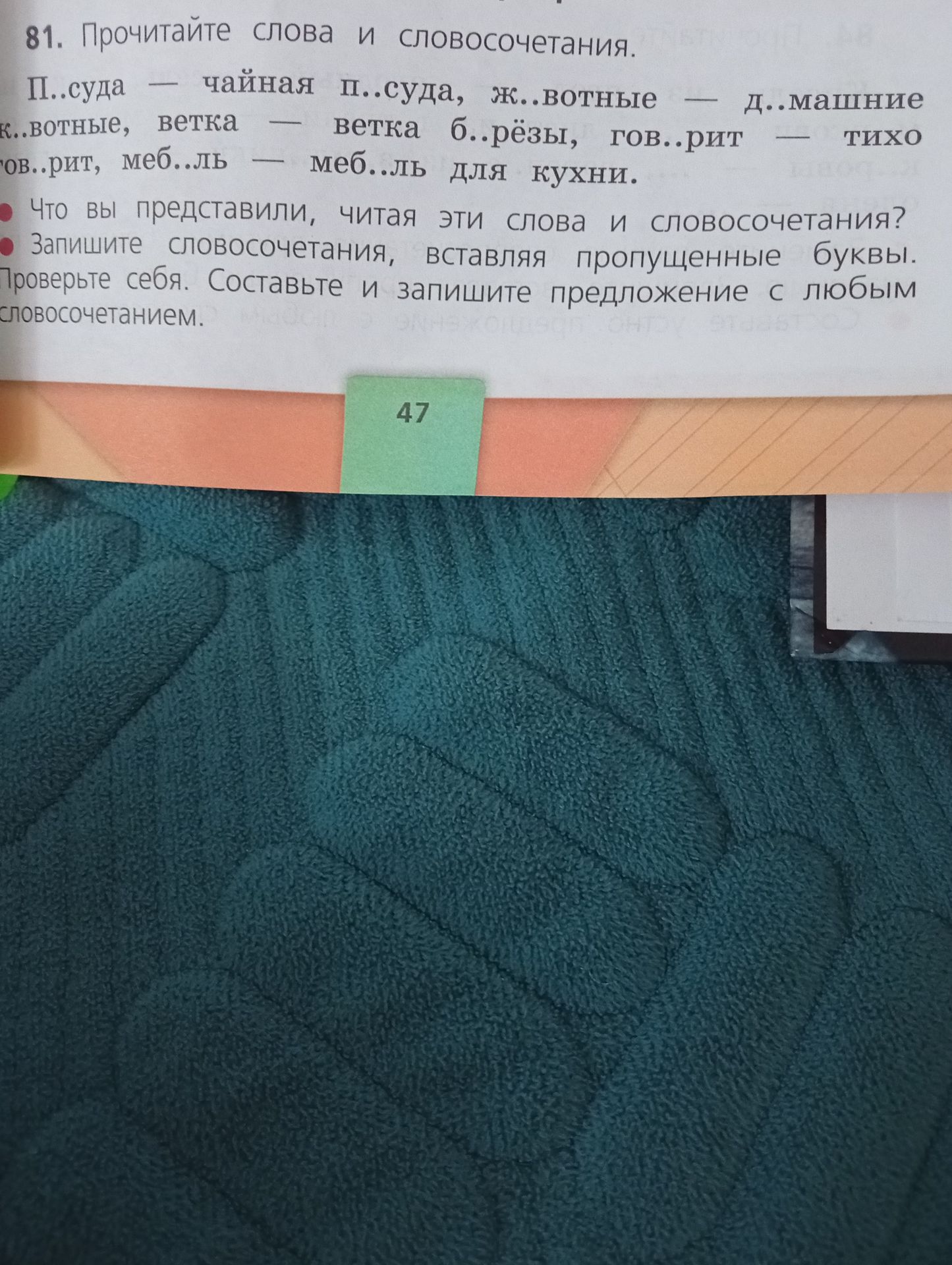 Фото задания: 81. Прочитайте слова и словосочетания. Посуда — чайная посуда, животные — домашние животные, ветка — ветка берёзы, говорит…