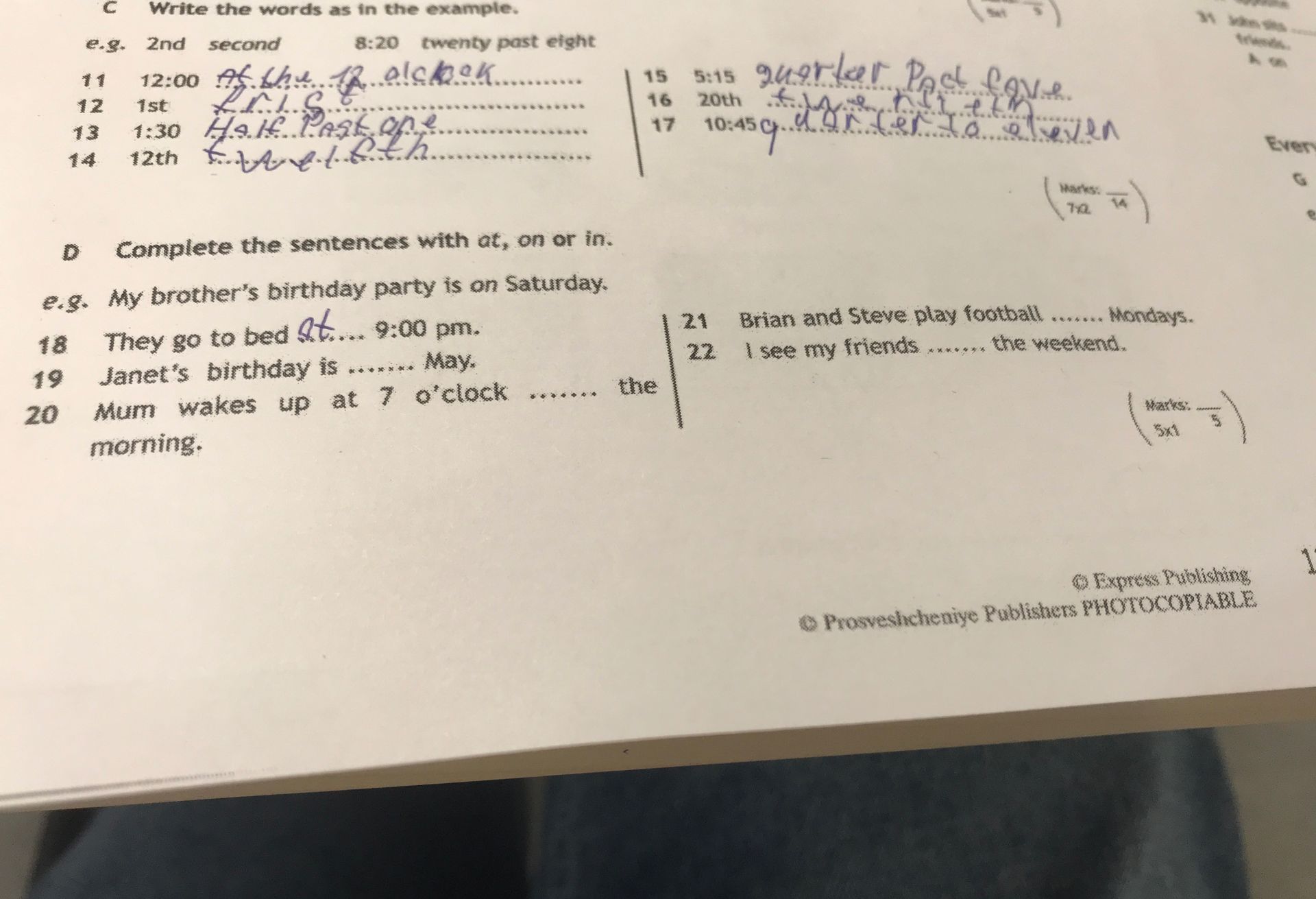 Фото задания: C. Write the words as in the example. e.g. 2nd — second; 8:20 — twenty past eight. 11) 12:00; 12) 1st; 13) 1:30; 14) 12th;…