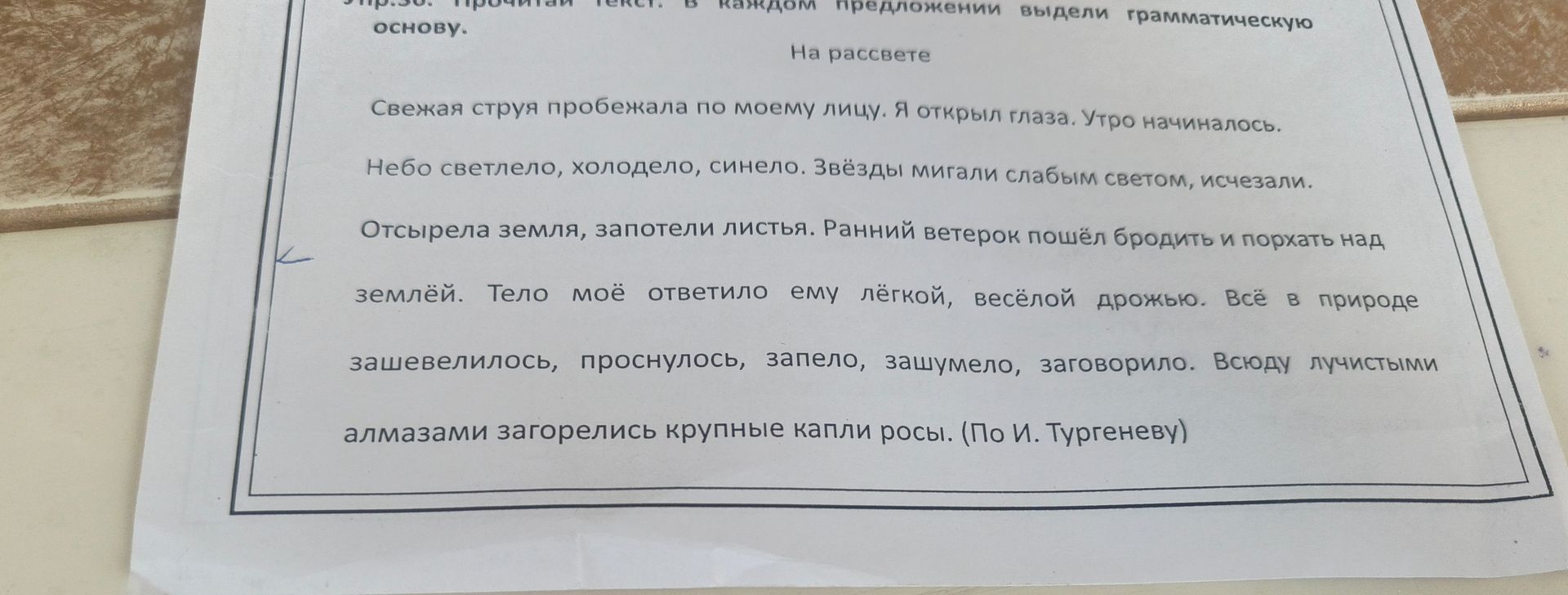 Фото задания: Упр. 36. Прочитай текст. В каждом предложении выдели грамматическую основу. «На рассвете. Свежая струя пробежала по моему…