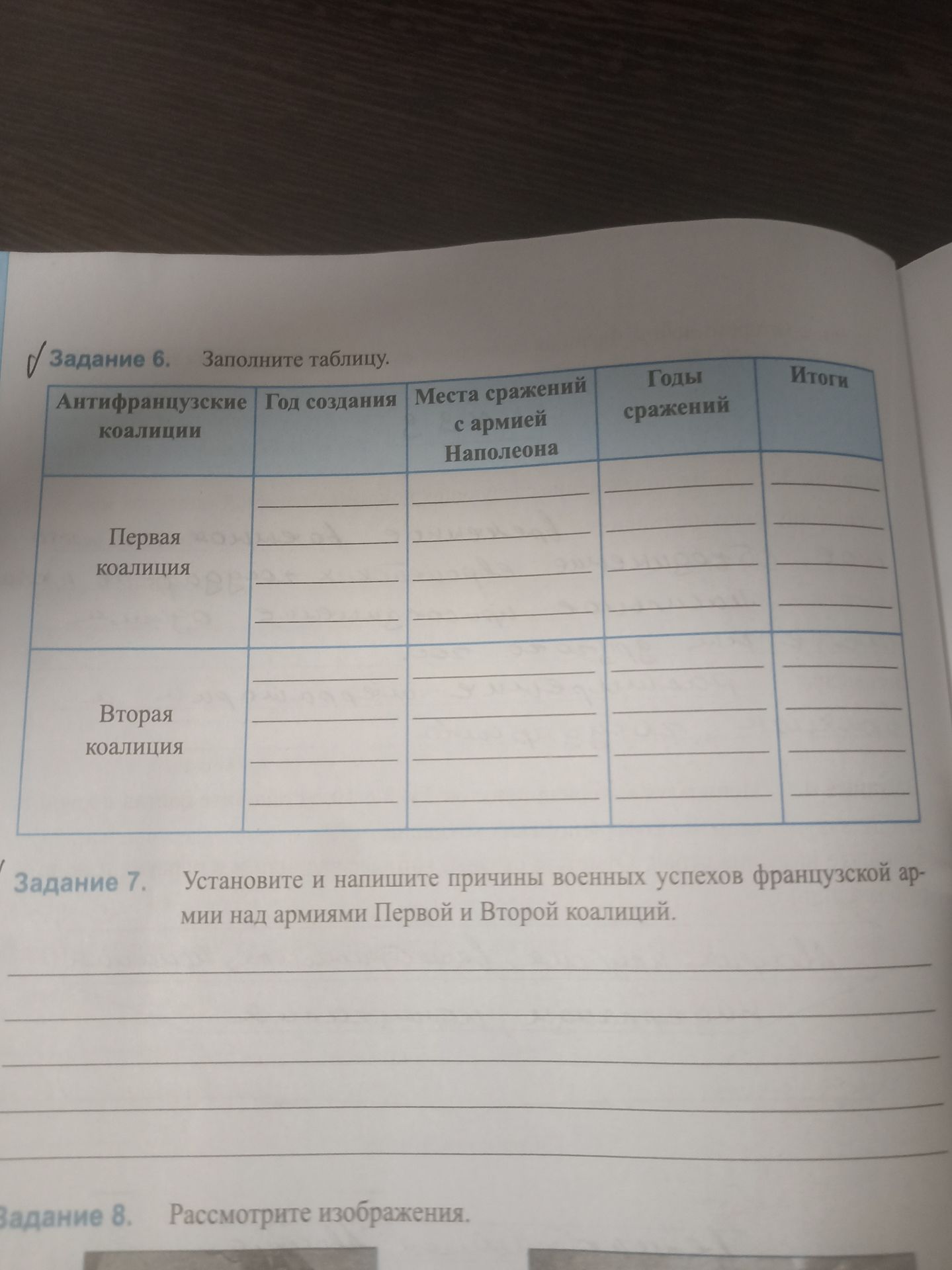 Фото задания: Задание 6. Заполните таблицу: антифранцузские коалиции, год создания, места сражений с армией Наполеона, годы сражений, итоги.