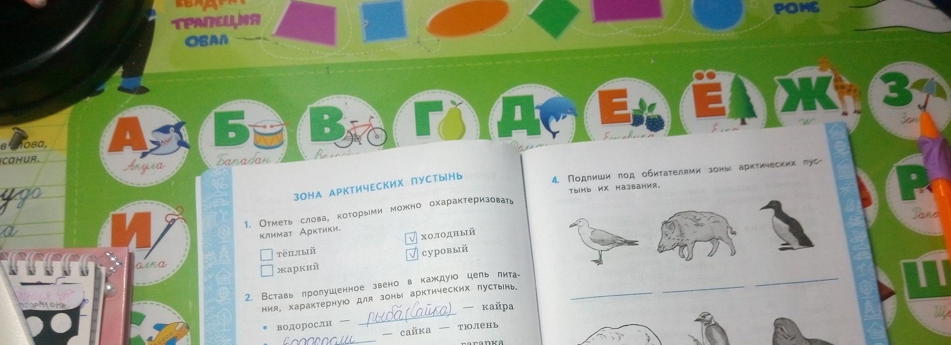 Фото задания: 1. Отметь слова, которыми можно охарактеризовать климат Арктики: тёплый, жаркий, холодный, суровый.