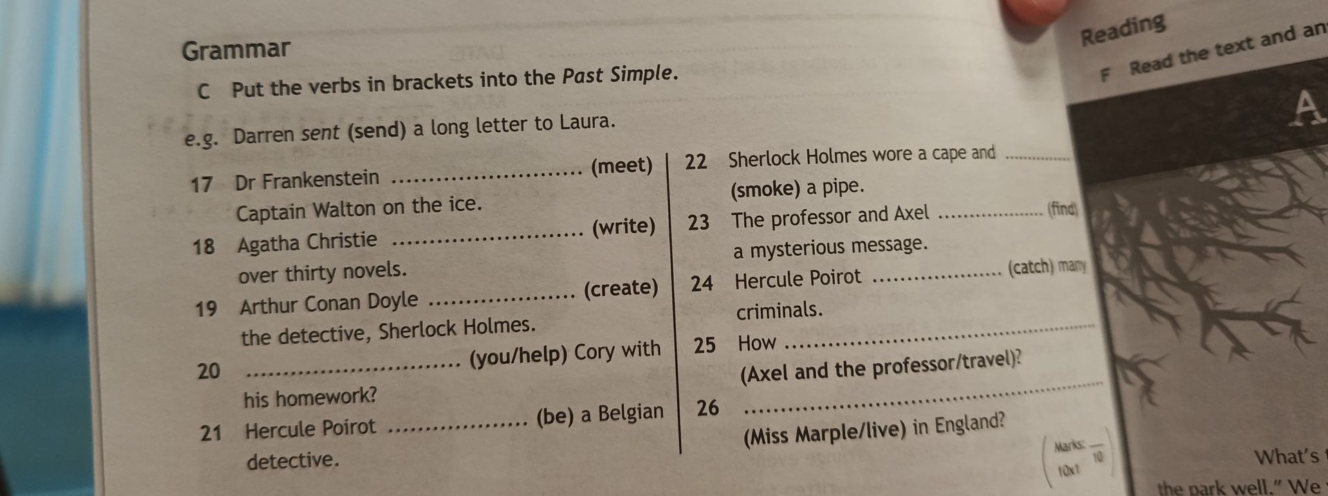 Фото задания: C. Put the verbs in brackets into the Past Simple. 17. Dr Frankenstein (meet) Captain Walton on the ice. 18. Agatha…