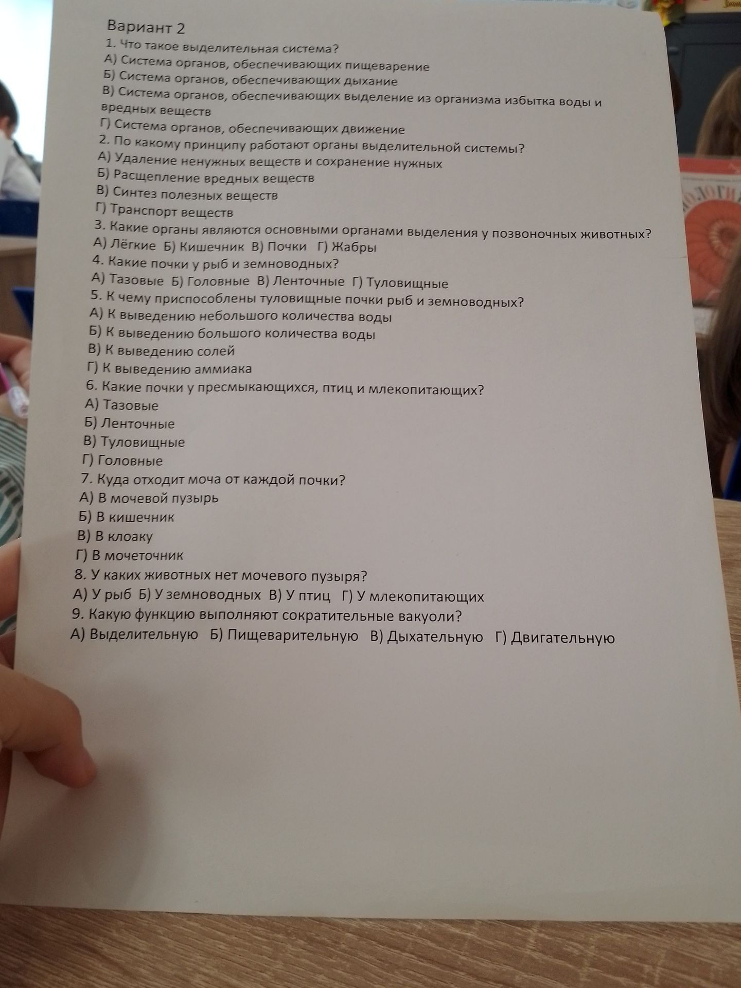 Фото задания: 7. Куда отходит моча от каждой почки? А) В мочевой пузырь. Б) В кишечник. В) В клоаку. Г) В мочеточник.