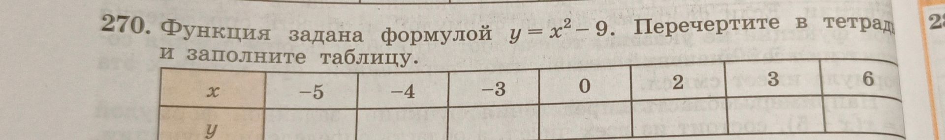 Фото задания: 270. Функция задана формулой y = x² − 9. Перечертите в тетрадь и заполните таблицу.