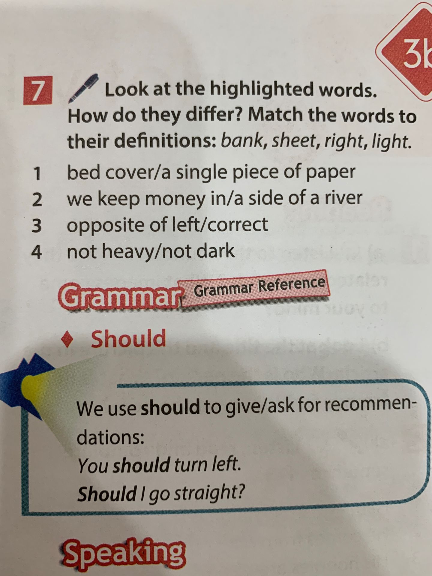 Фото задания: 7. Look at the highlighted words. How do they differ? Match the words to their definitions: bank, sheet, right, light. 1) bed…