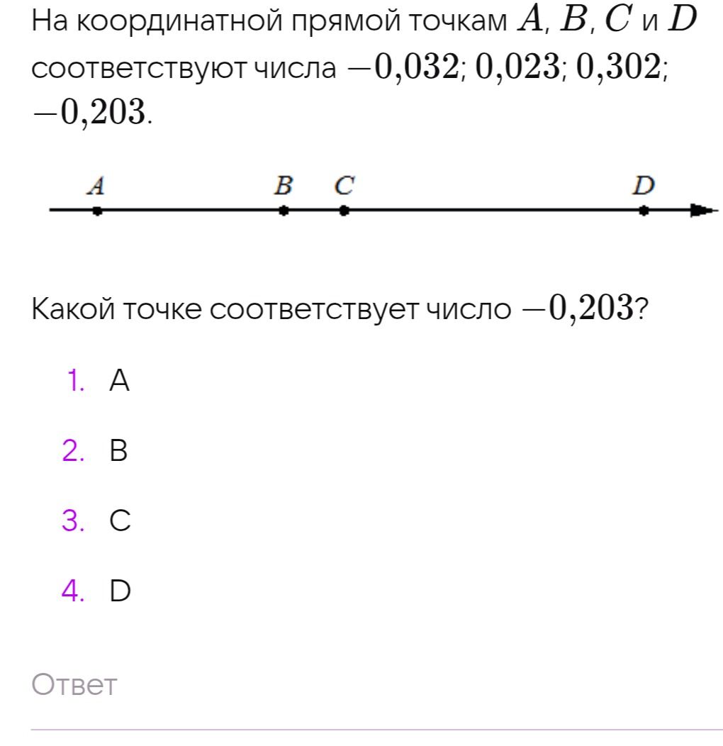Фото задания: На координатной прямой точкам A, B, C и D соответствуют числа −0,032; 0,023; 0,302; −0,203. Какой точке соответствует число…