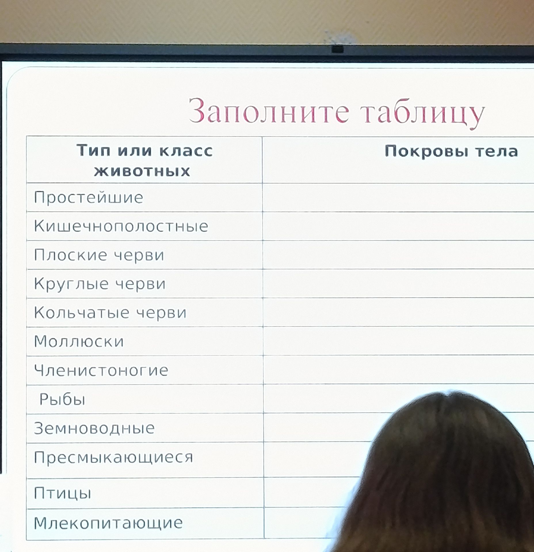 Фото задания: Заполните таблицу «Тип или класс животных — Покровы тела»: Простейшие; Кишечнополостные; Плоские черви; Круглые черви;…