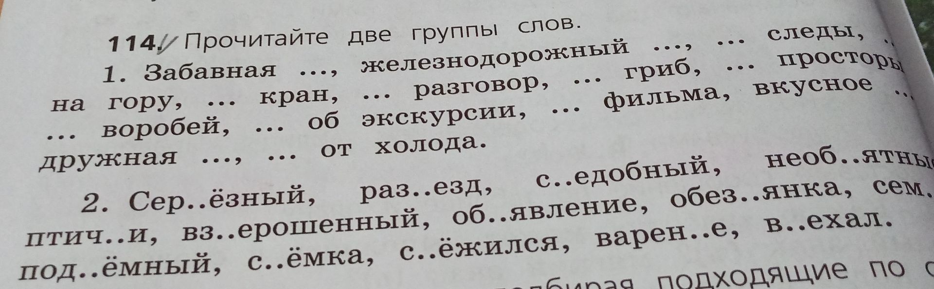 Фото задания: 114. Прочитайте две группы слов. 1. Забавная ..., железнодорожный ..., ..., следы, на гору, ... кран, ... разговор, ... гриб,…