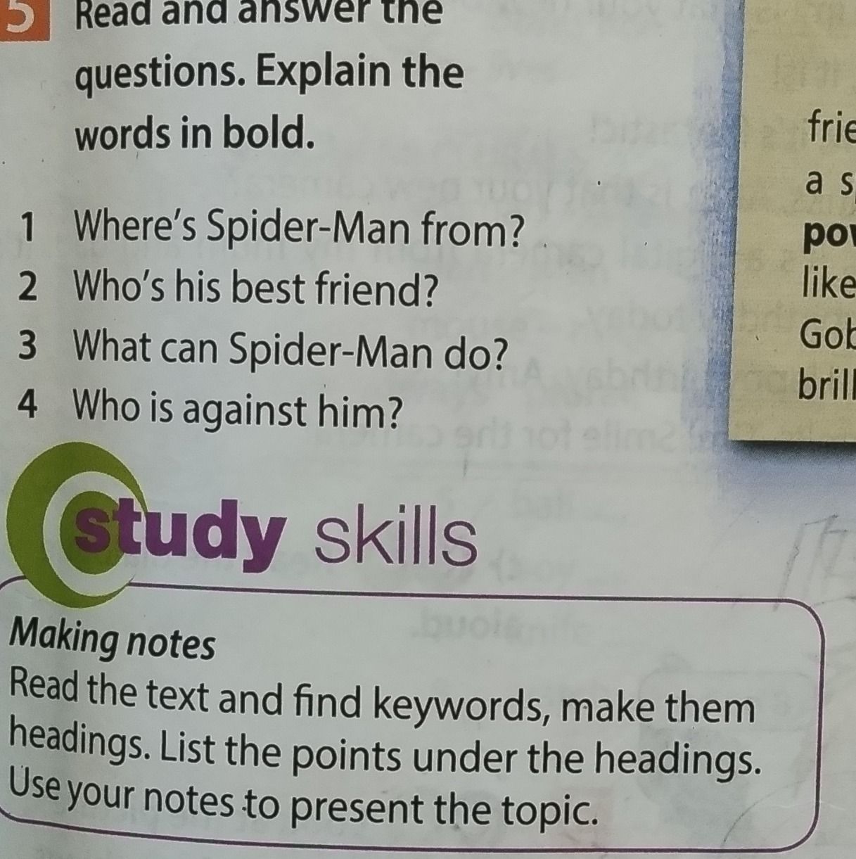 Фото задания: Exercise 5. Read and answer the questions. Explain the words in bold. 1. Where’s Spider-Man from? 2. Who’s his best friend?…