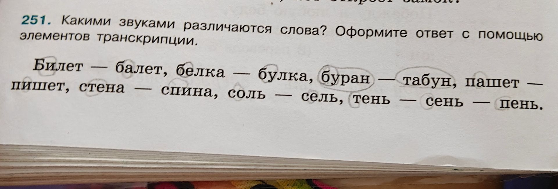 Фото задания: 251. Какими звуками различаются слова? Оформите ответ с помощью элементов транскрипции. Билет — балет, белка — булка, буран —…