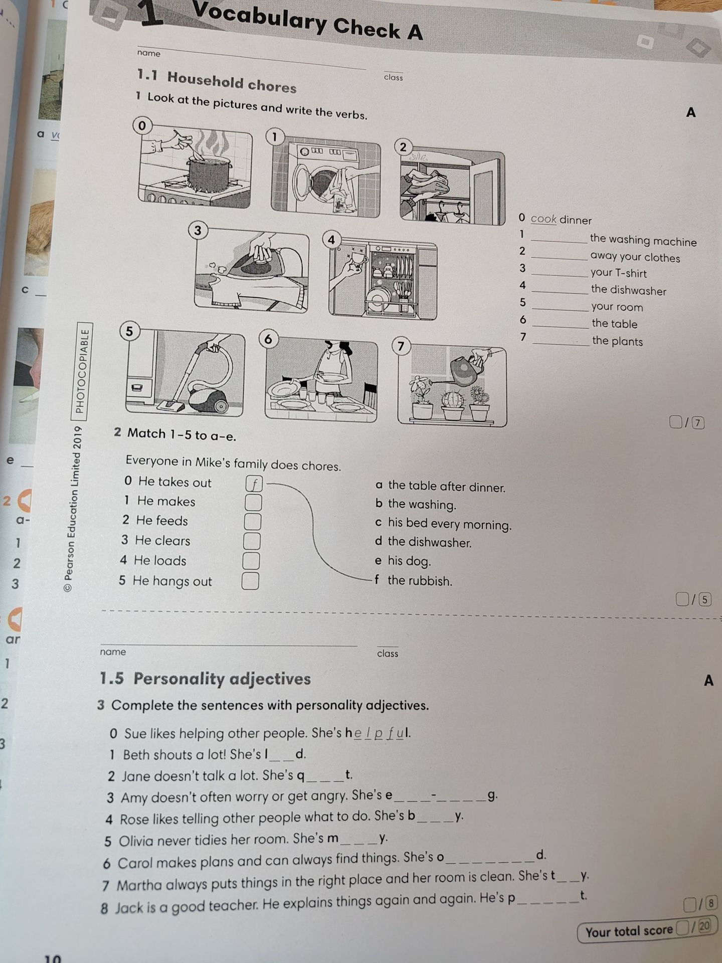 Фото задания: 1.1 Household chores. 1 Look at the pictures and write the verbs: 0 cook dinner; 1 ___ the washing machine; 2 ___ away your…